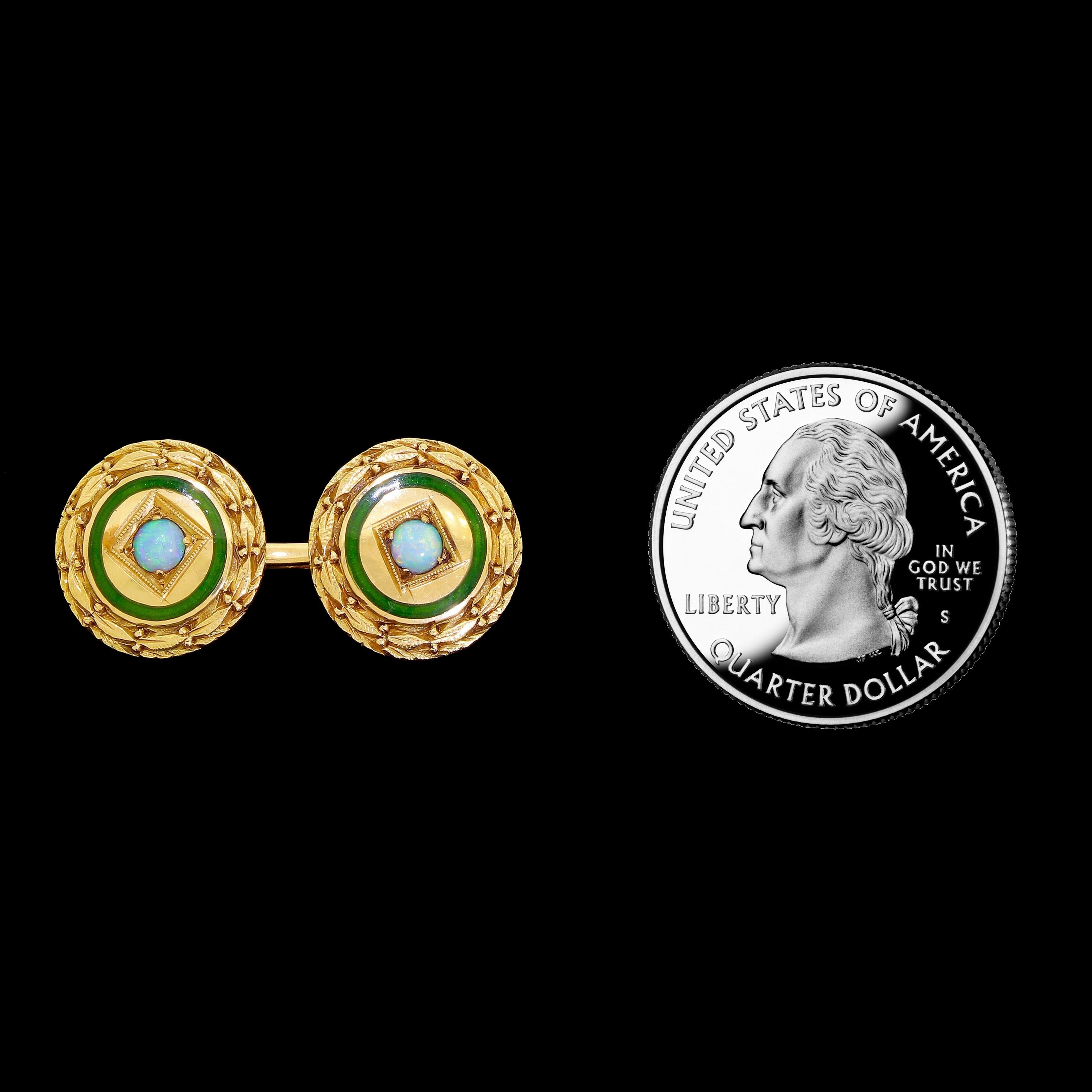 Antique Art Deco 14 Karat Gold Round Cufflinks Fire Opal and Blue Green Enamel In Good Condition In Lauderdale by the Sea, FL