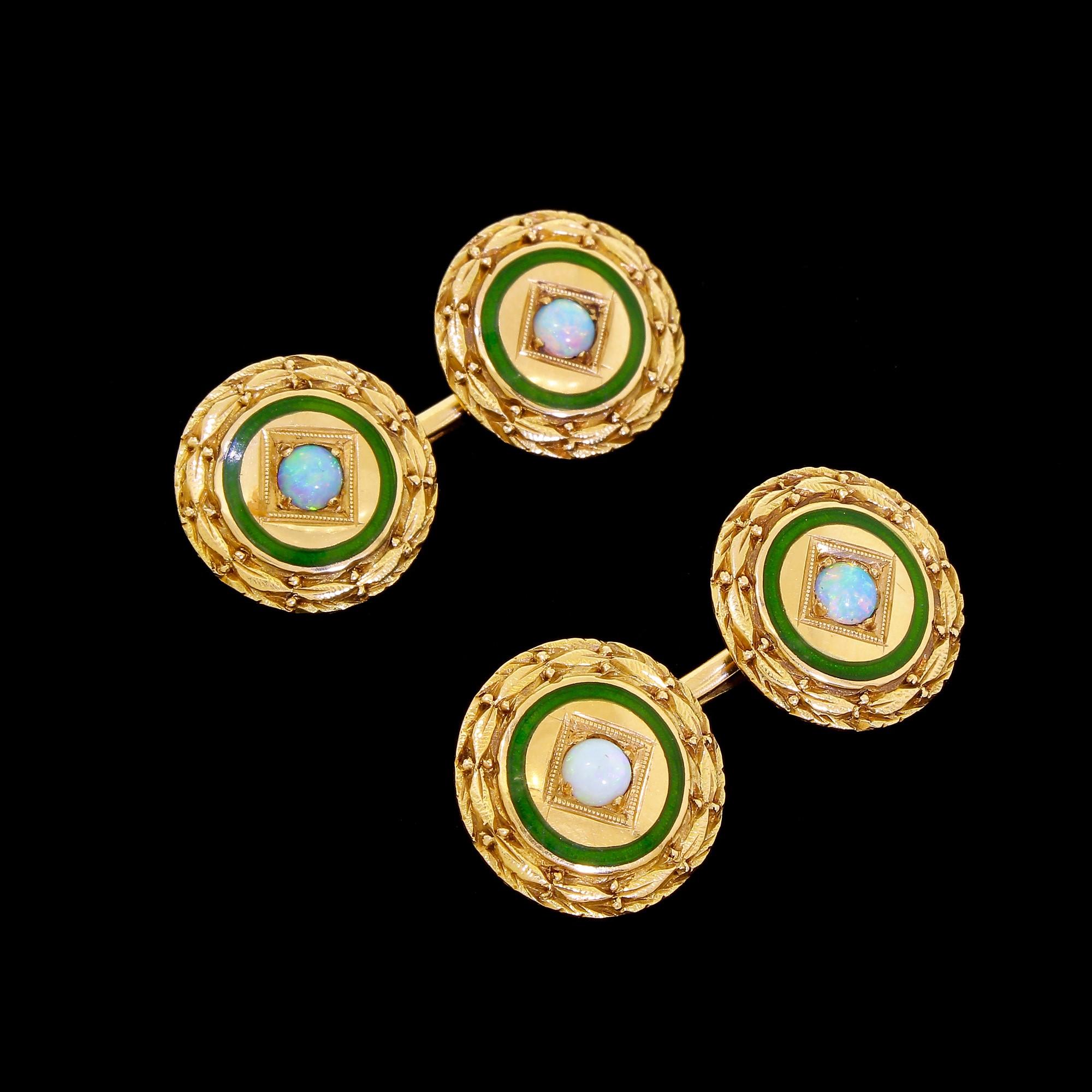 Antique Art Deco 14 Karat Gold Round Cufflinks Fire Opal and Blue Green Enamel 1