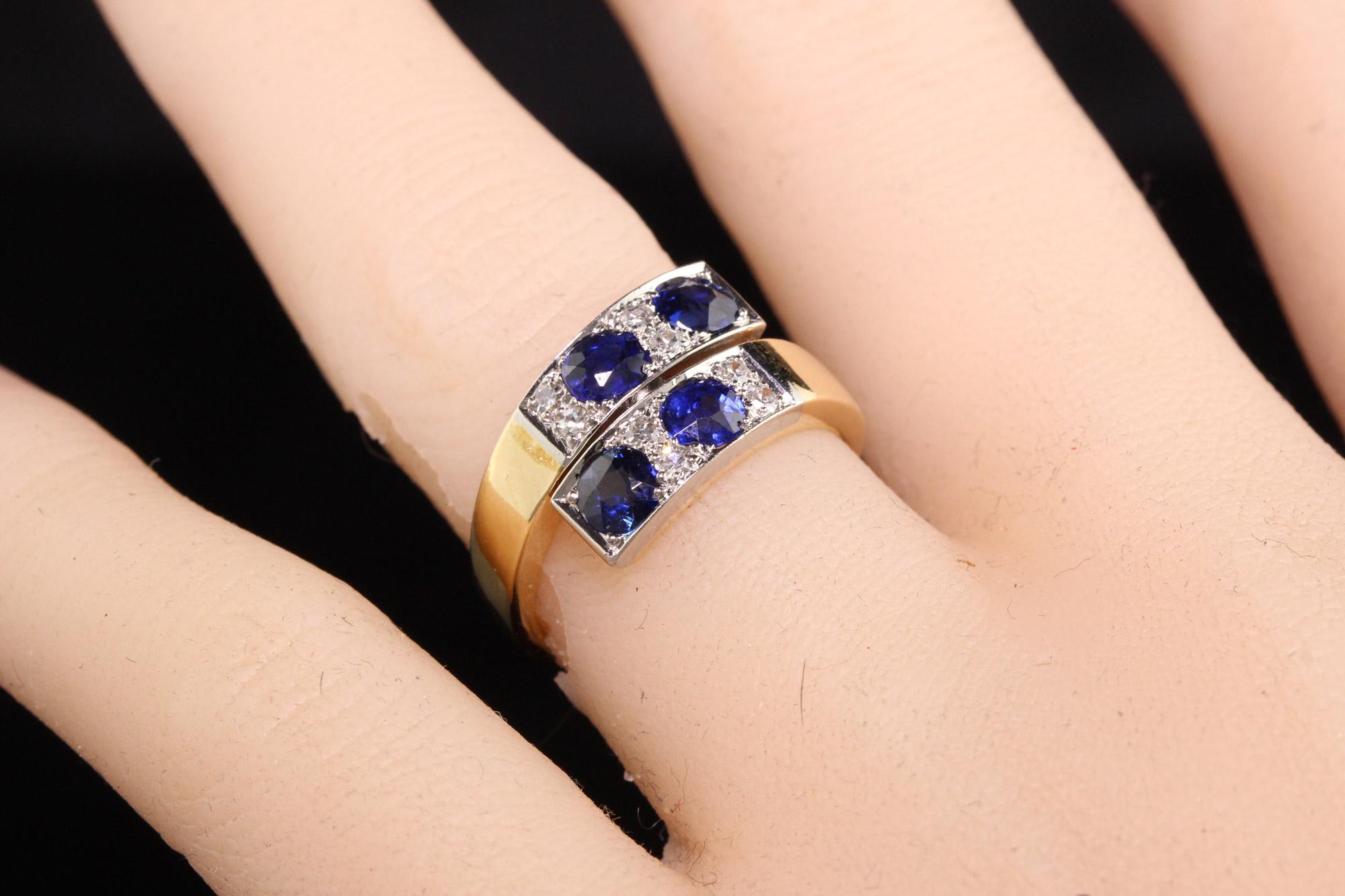 Women's or Men's Antique Art Deco 14K Yellow Gold Sapphire and Diamond Bypass Ring