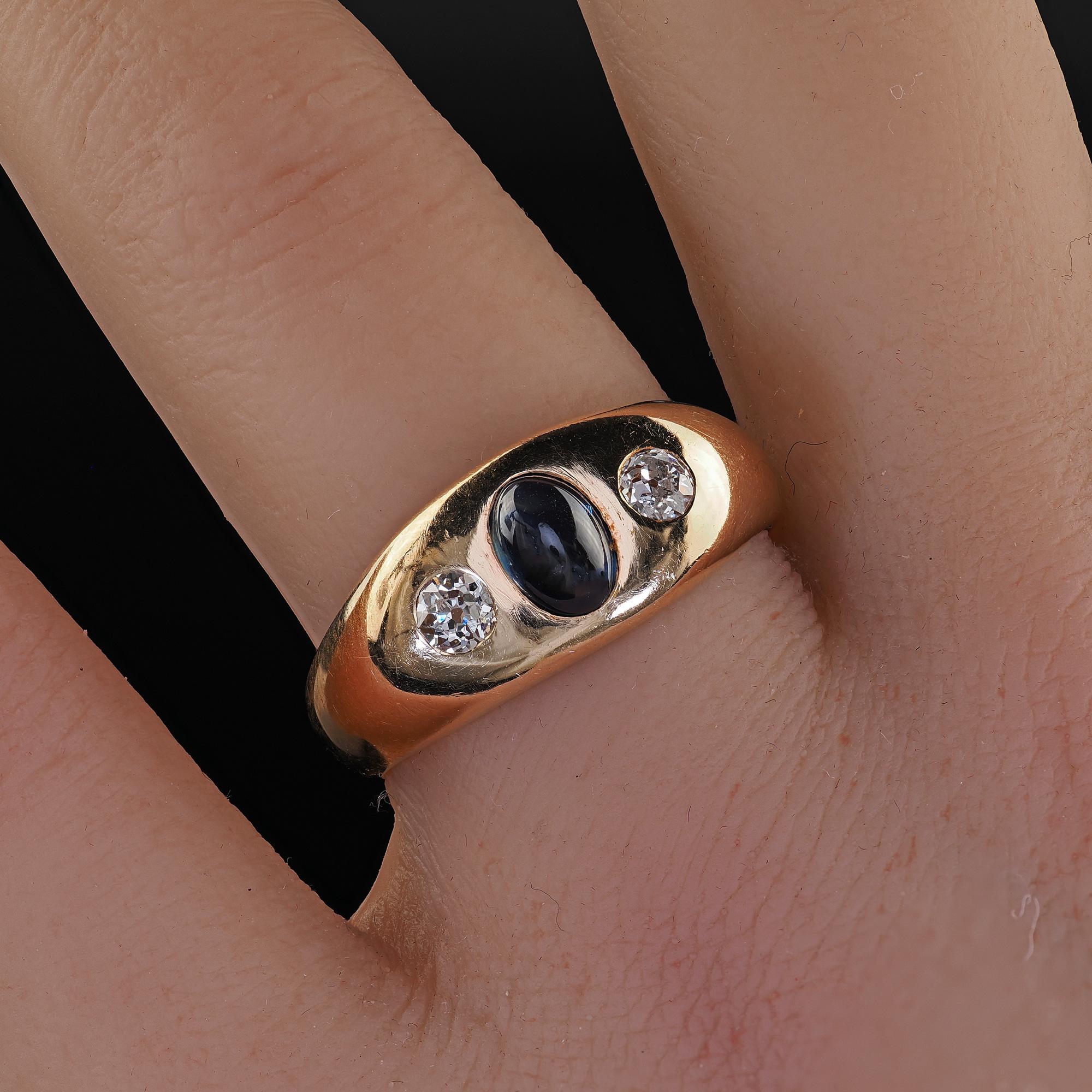 Antique Art Deco 14K Yellow Gold Sapphire and Diamond Three Stone Ring For Sale 5