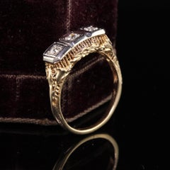 Antique Art Deco 14K Yellow Gold Three Stone Diamond Filigree Ring
