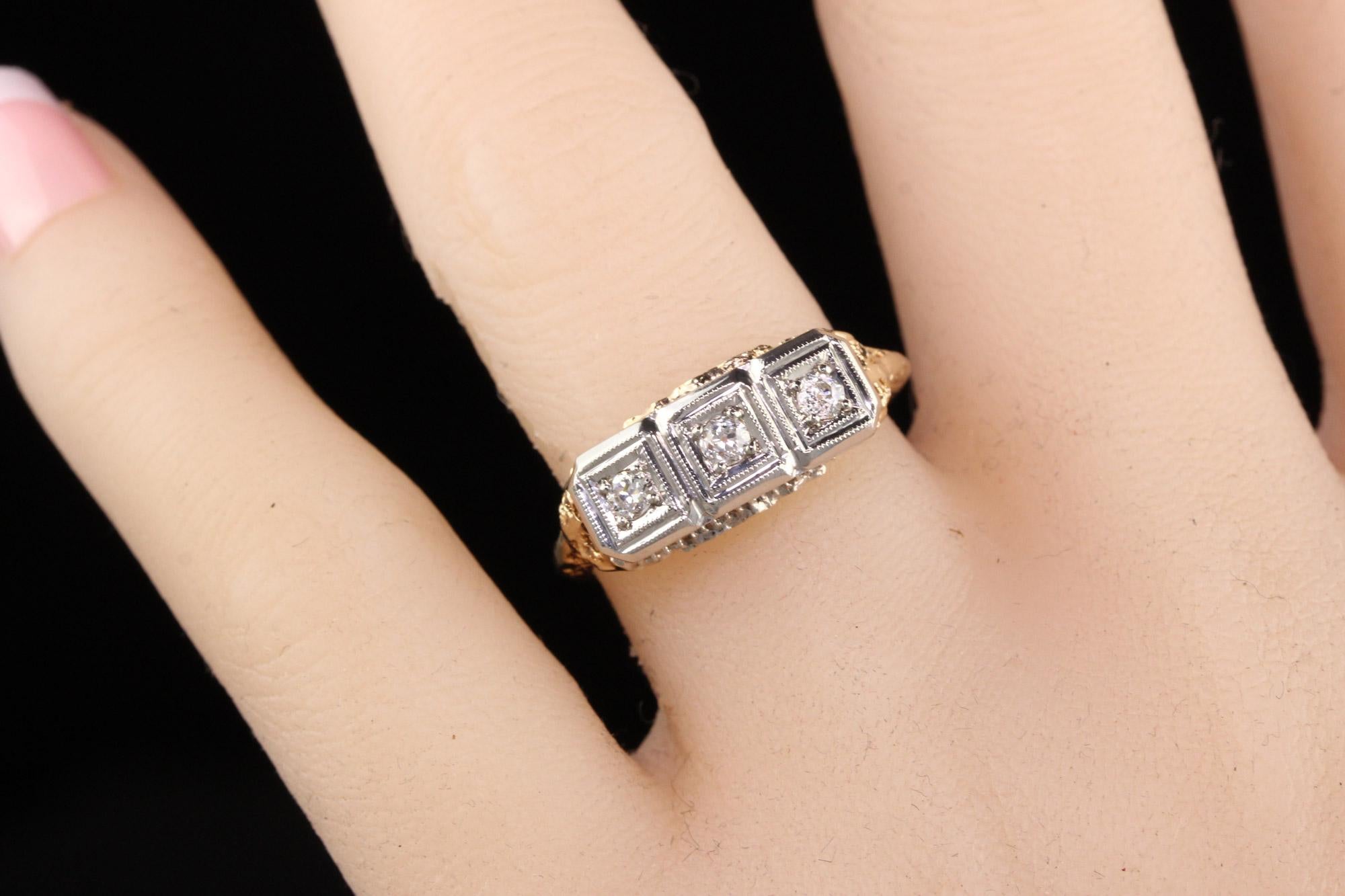 Old European Cut Antique Art Deco 14K Yellow Gold Three Stone Diamond Filigree Ring For Sale