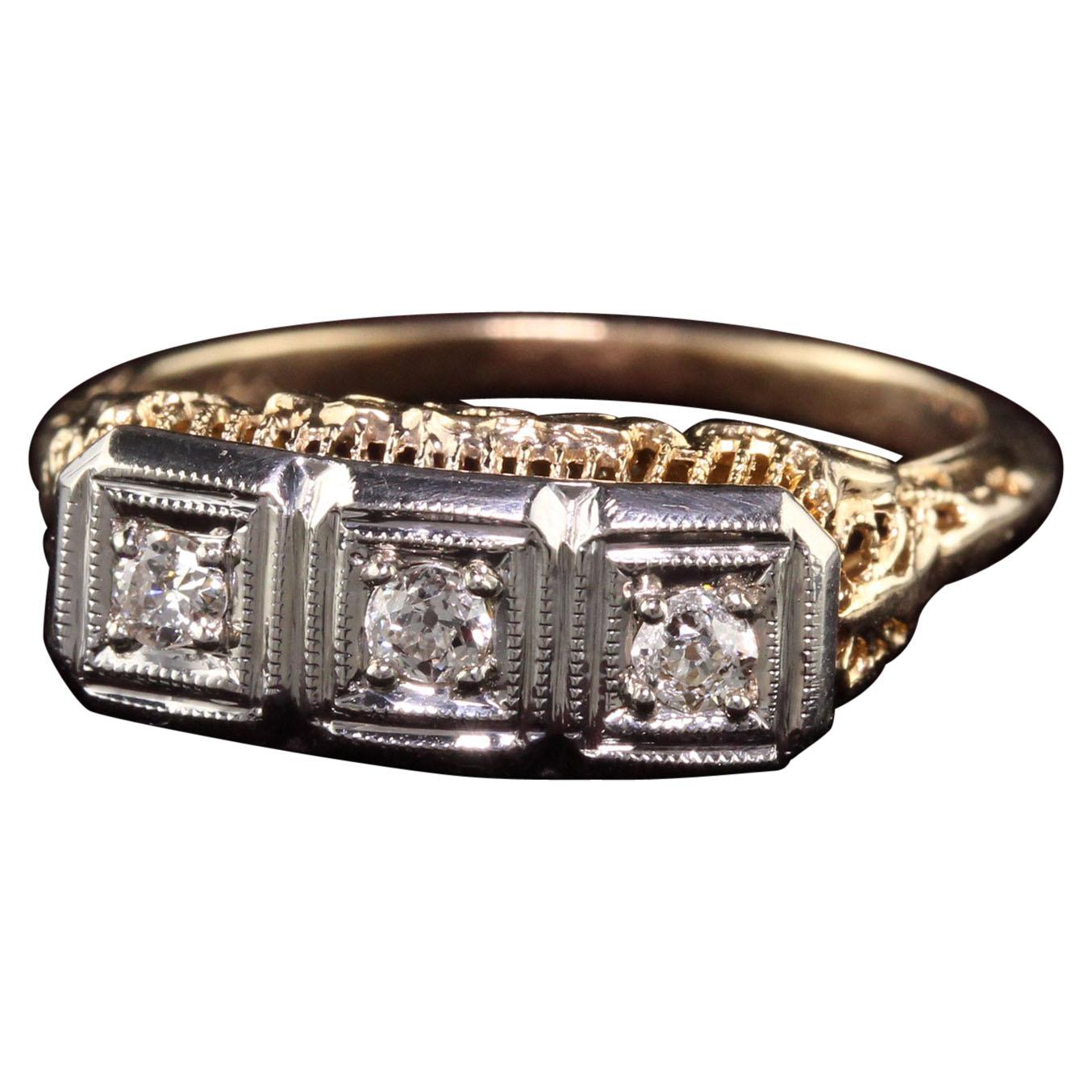 Antique Art Deco 14K Yellow Gold Three Stone Diamond Filigree Ring