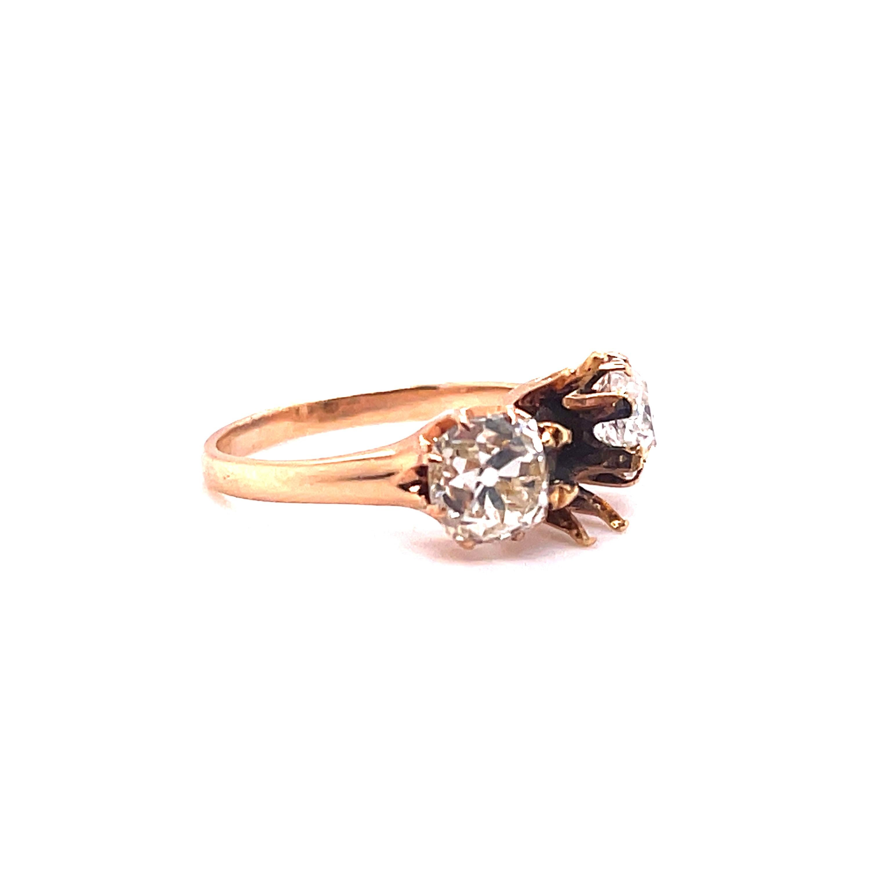 Antique Art Deco 14K Yellow Gold Three Stone Engagement Ring 1.81 ctw In Excellent Condition In Houston, TX