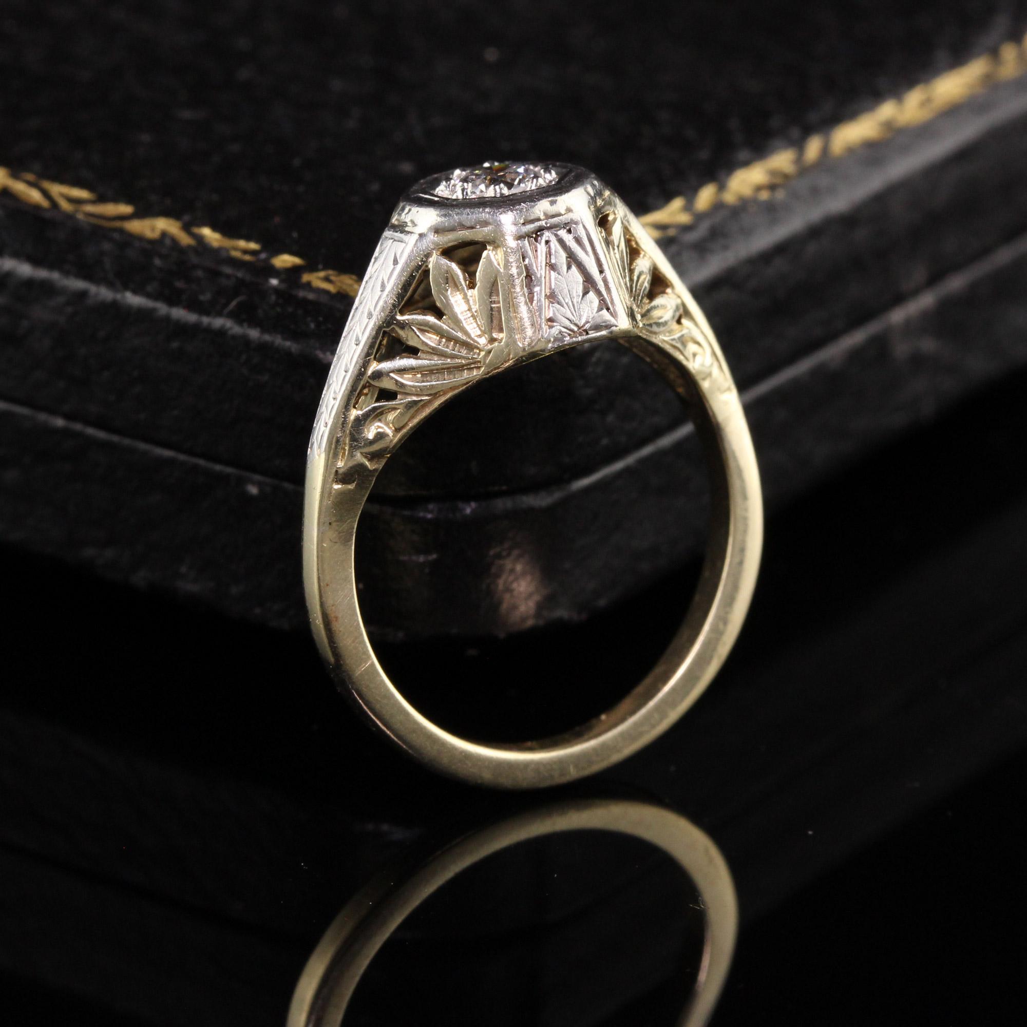 Beautiful Antique Art Deco 14K Yellow Gold Two Tone Old European Diamond Engagement Ring. This gorgeous ring has a old european diamond in the center of an amazing mounting with classic deep art deco engravings.

Item #R0889

Metal: 14K Yellow Gold