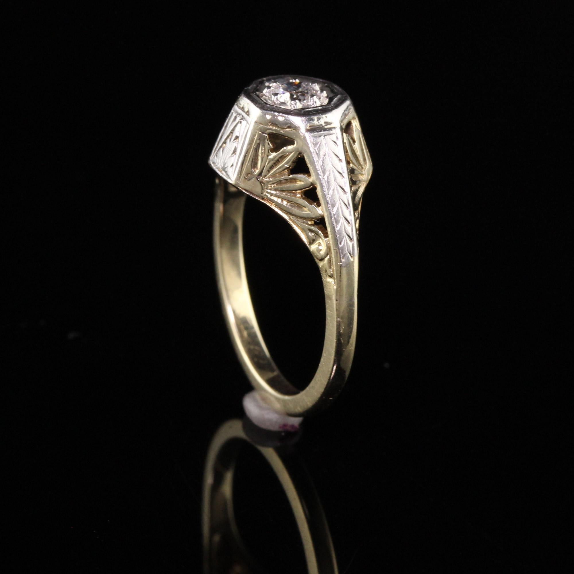 Antique Art Deco 14K Yellow Gold Two Tone Old European Diamond Engagement Ring In Good Condition For Sale In Great Neck, NY