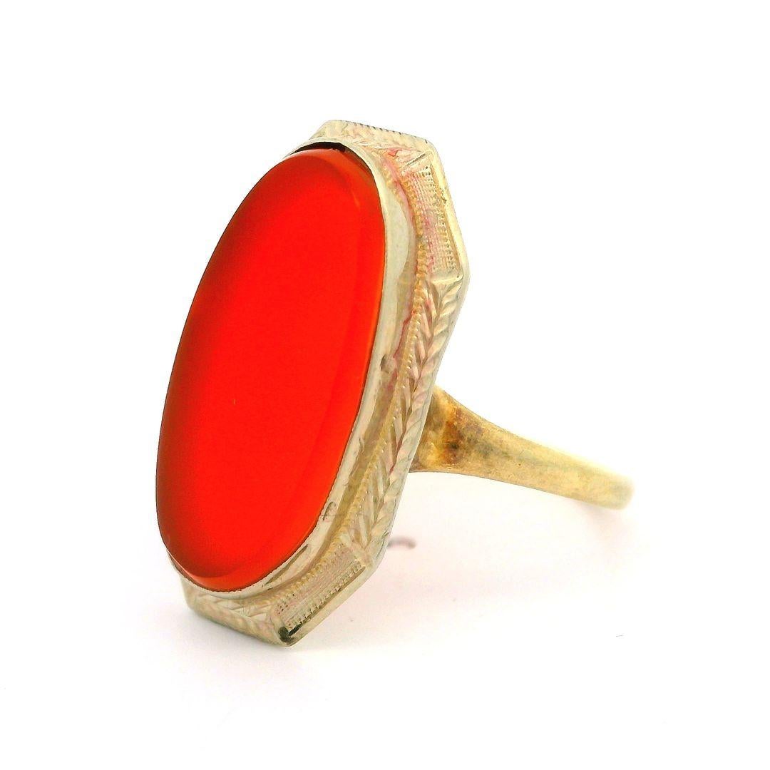 Oval Cut Antique Art Deco 14k Yellow & White Gold Oval Carnelian Platter Cocktail Ring For Sale