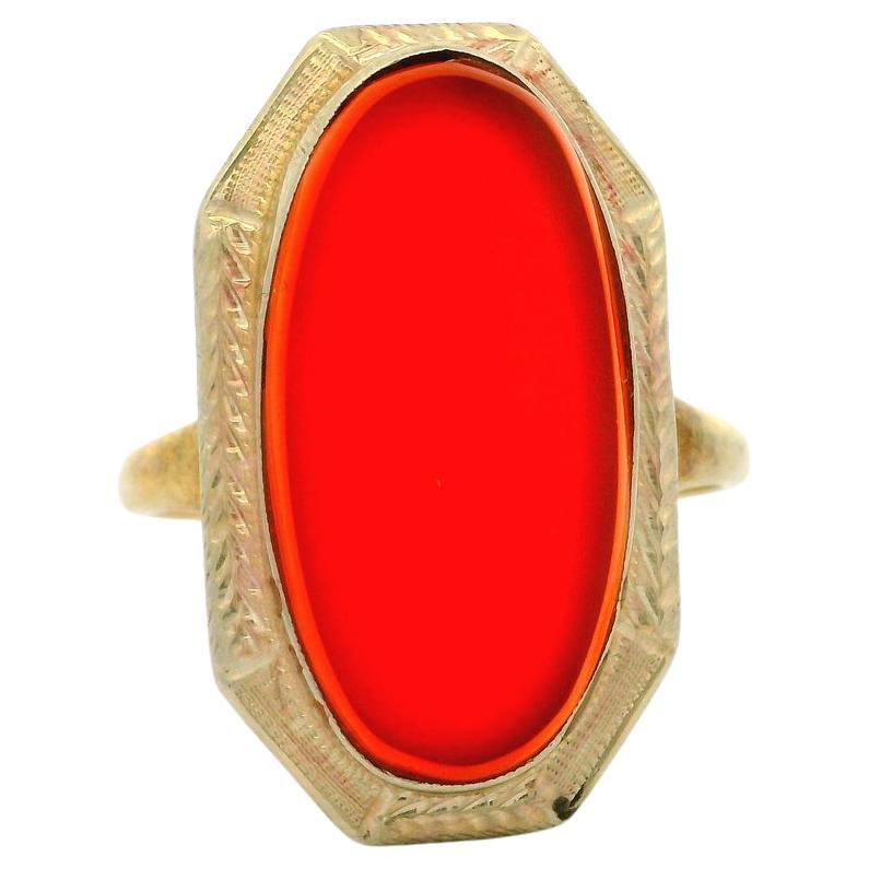 Antique Art Deco 14k Yellow & White Gold Oval Carnelian Platter Cocktail Ring