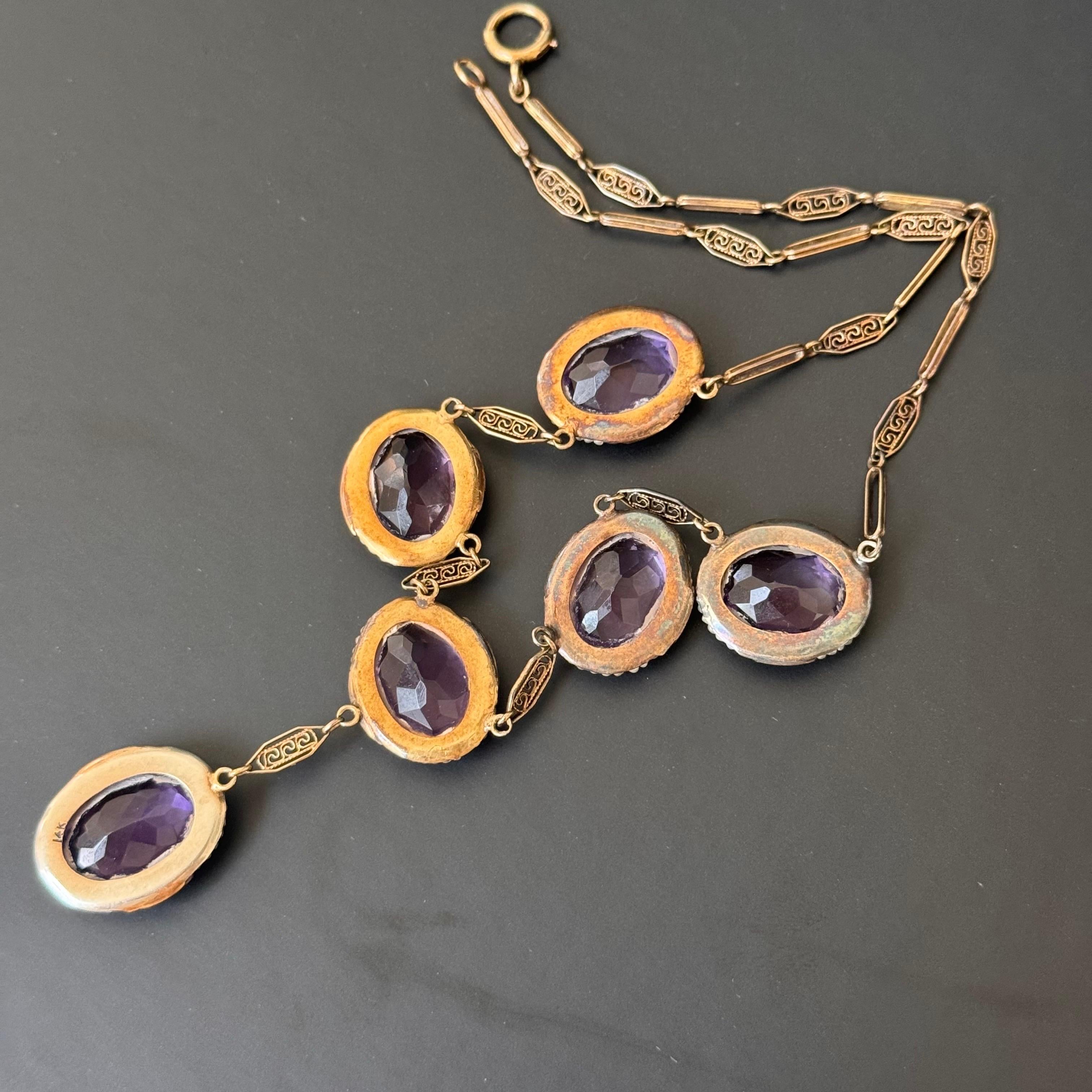 Antique Art Deco 14kt Gold Filigree Amethyst & Seed Pearl Bird Necklace For Sale 5