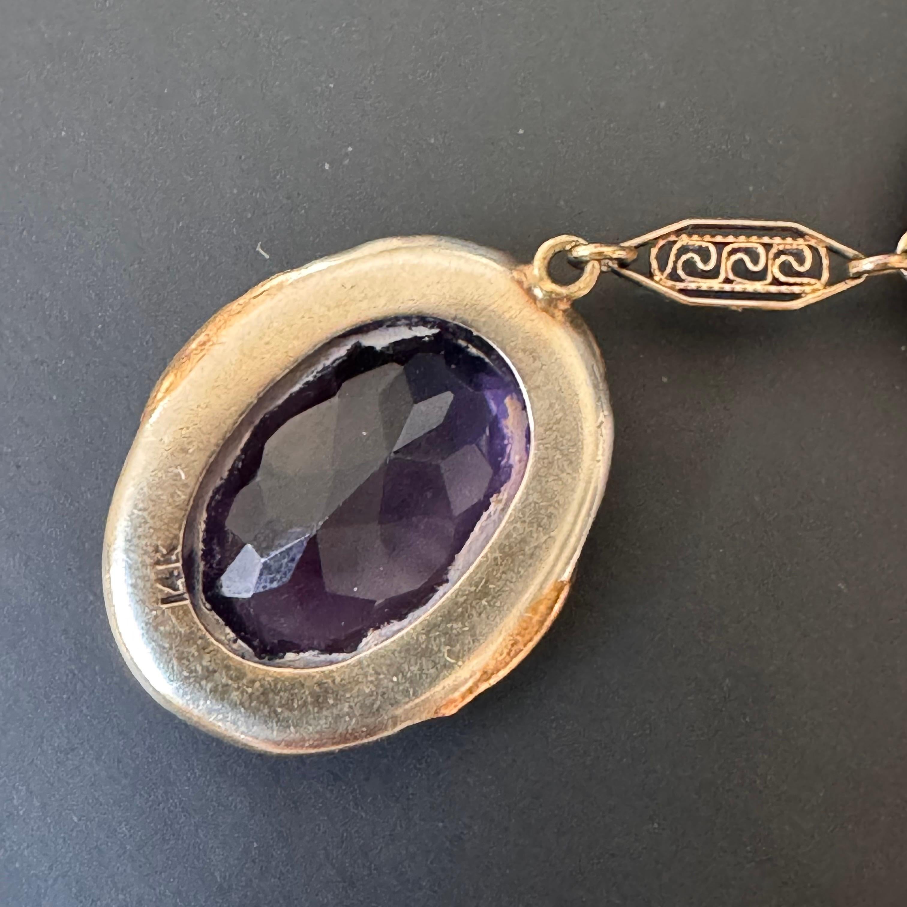 Antique Art Deco 14kt Gold Filigree Amethyst & Seed Pearl Bird Necklace For Sale 6