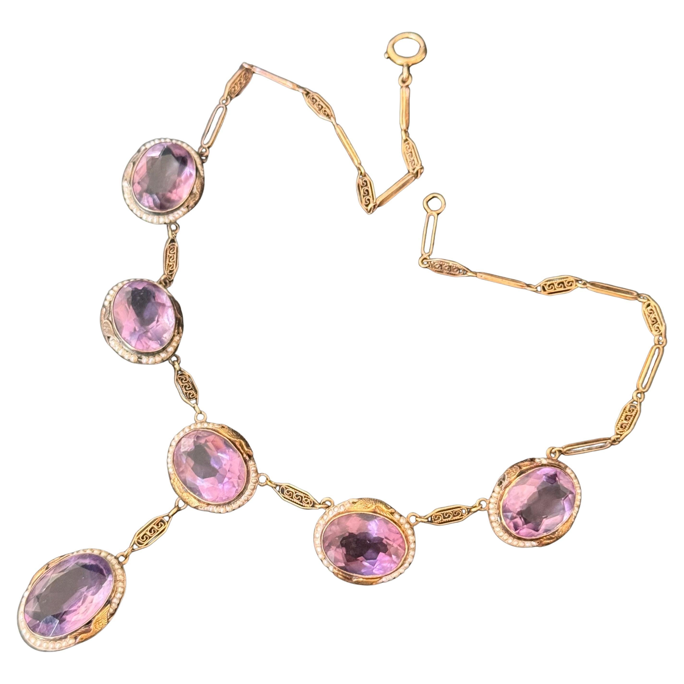 Oval Cut Antique Art Deco 14kt Gold Filigree Amethyst & Seed Pearl Bird Necklace For Sale