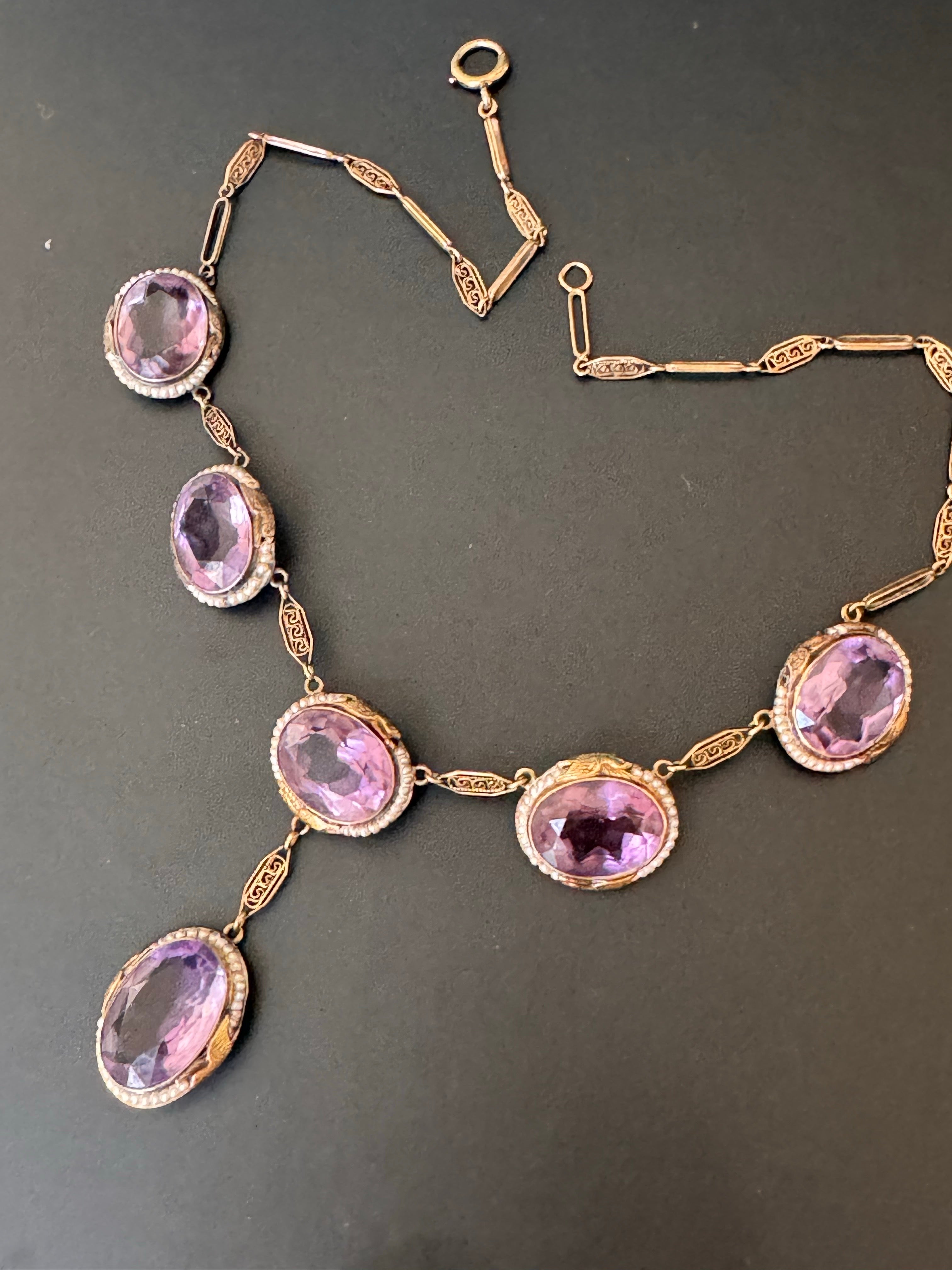 Antique Art Deco 14kt Gold Filigree Amethyst & Seed Pearl Bird Necklace In Good Condition For Sale In Monroe Township, NJ