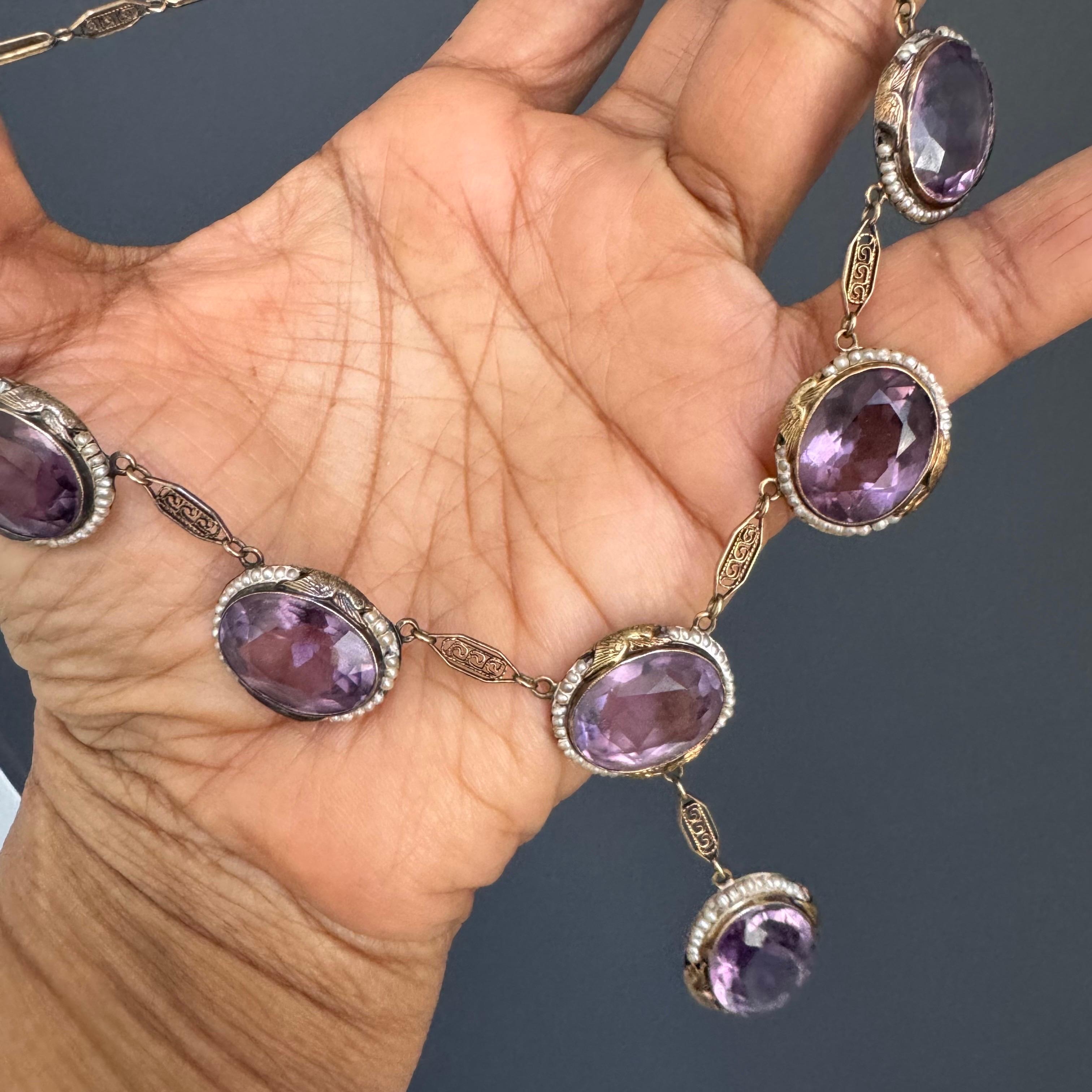 Women's Antique Art Deco 14kt Gold Filigree Amethyst & Seed Pearl Bird Necklace For Sale