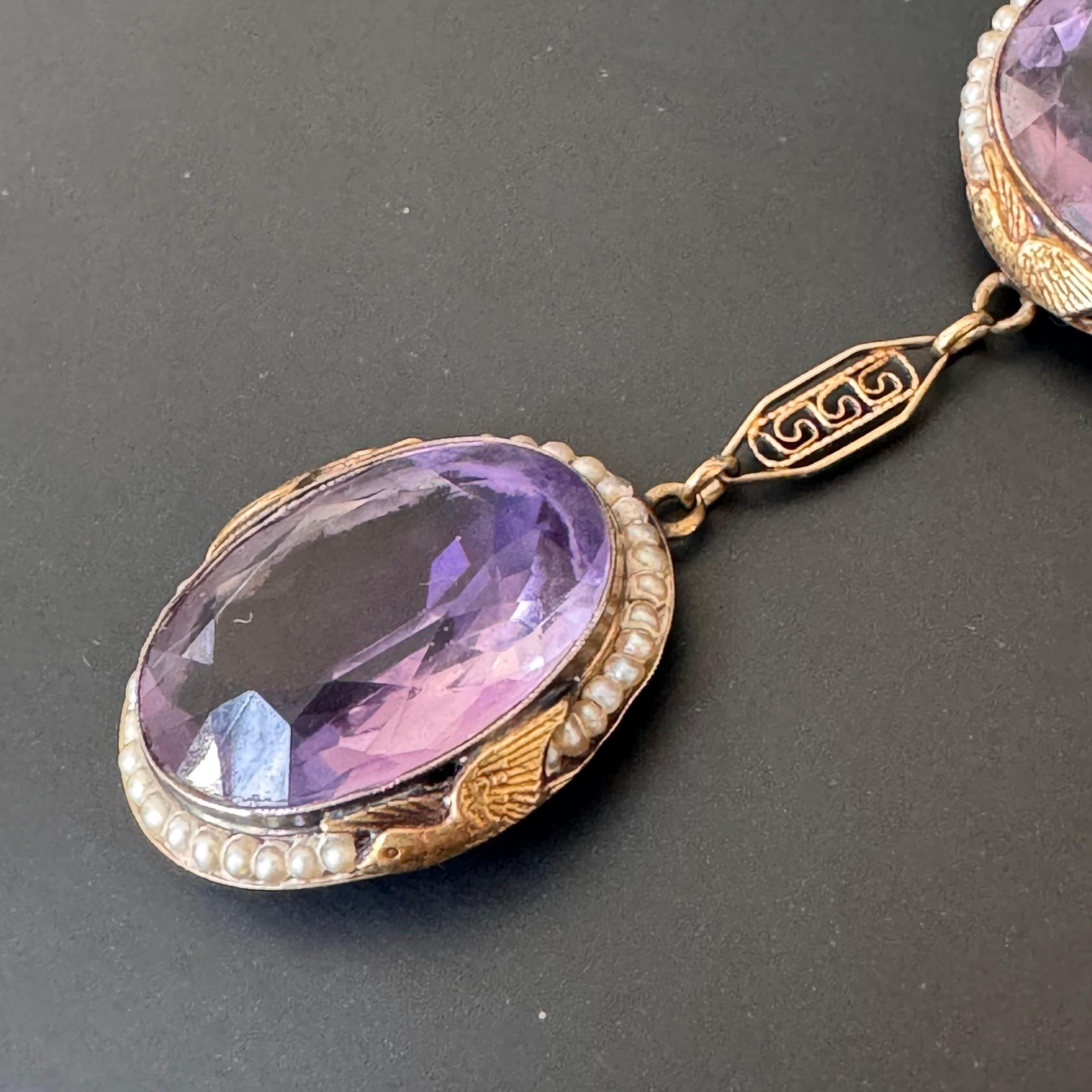 Antique Art Deco 14kt Gold Filigree Amethyst & Seed Pearl Bird Necklace For Sale 1