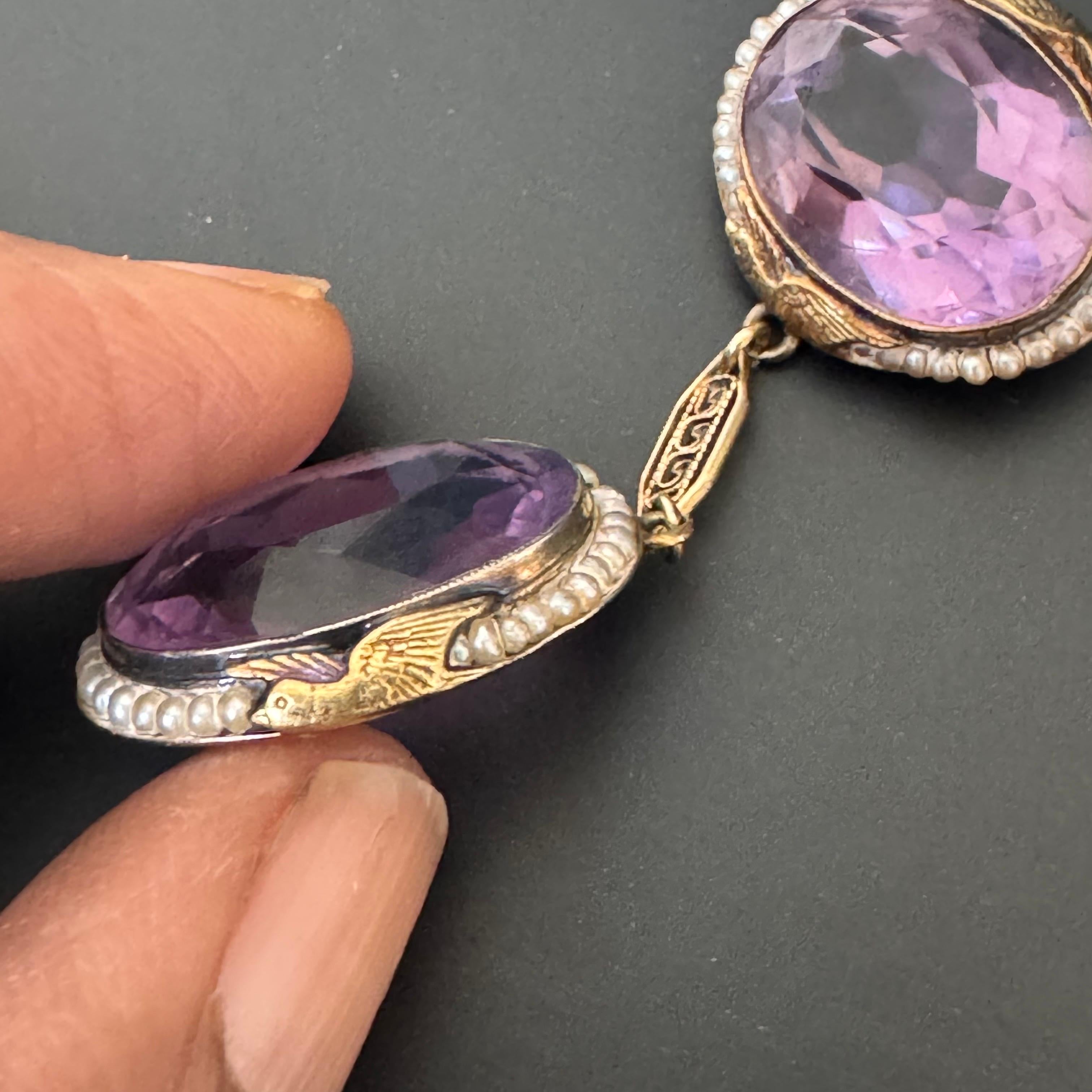 Antique Art Deco 14kt Gold Filigree Amethyst & Seed Pearl Bird Necklace For Sale 2