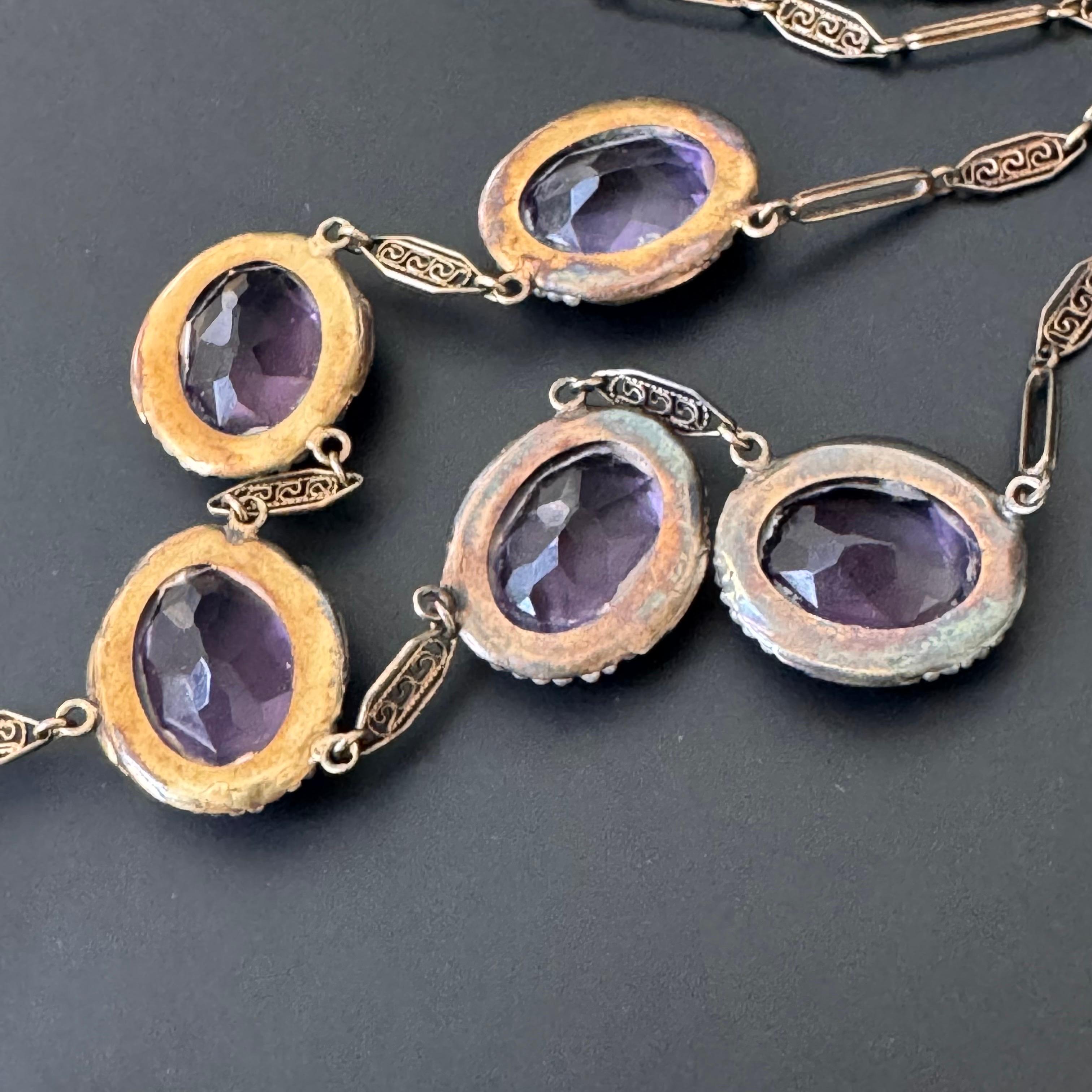 Antique Art Deco 14kt Gold Filigree Amethyst & Seed Pearl Bird Necklace For Sale 4