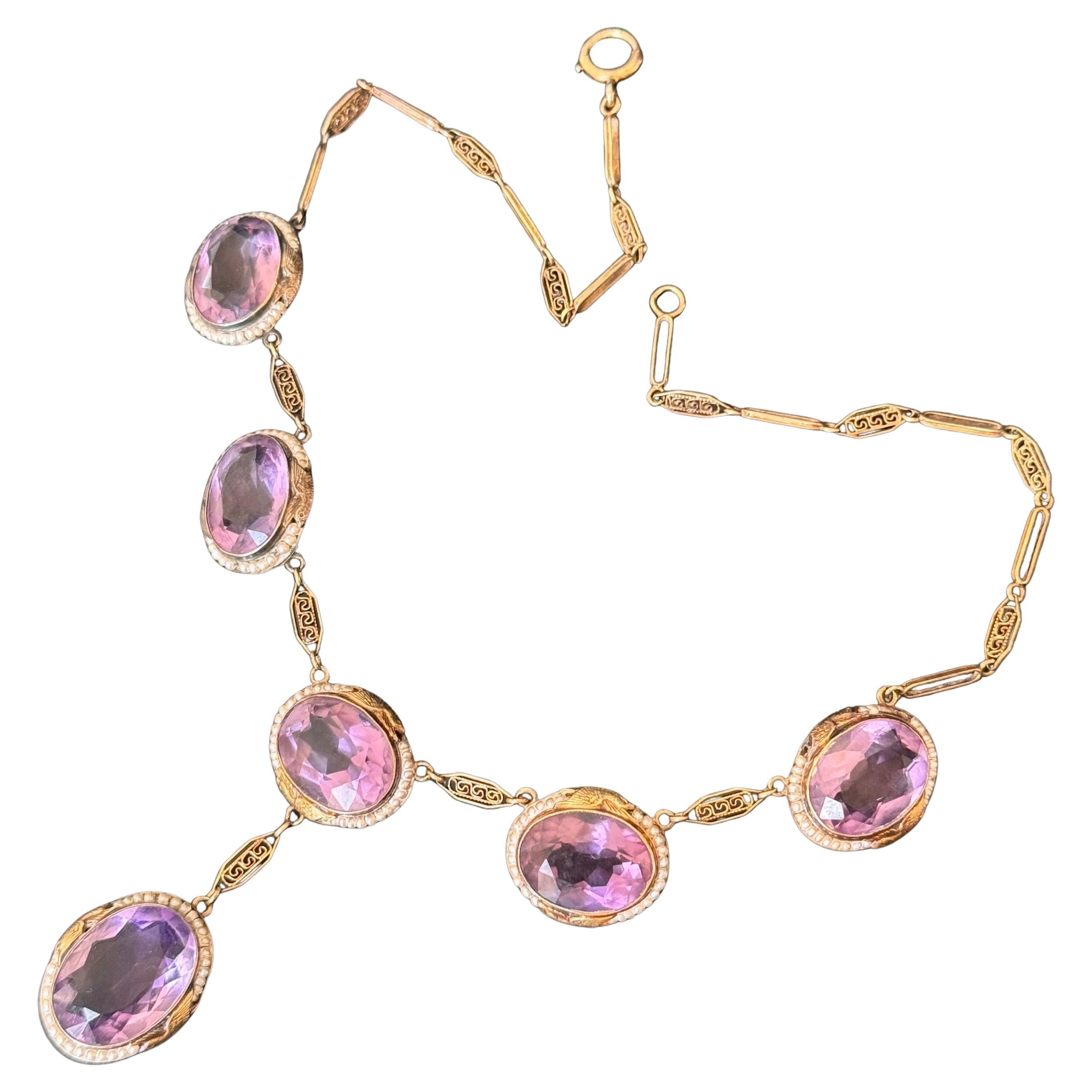 Antique Art Deco 14kt Gold Filigree Amethyst & Seed Pearl Bird Necklace