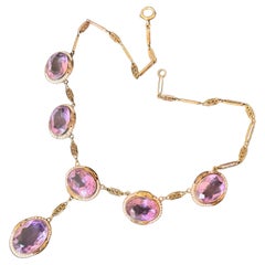 Antique Art Deco 14kt Gold Filigree Amethyst & Seed Pearl Bird Necklace