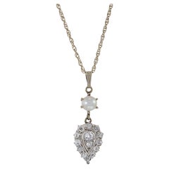 Antique Art Deco 14KT White Gold Pearl and Diamond Cluster Drop Pendant