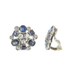 Antique Art Deco 14KT White Gold Sapphire and Diamond Disc Earrings
