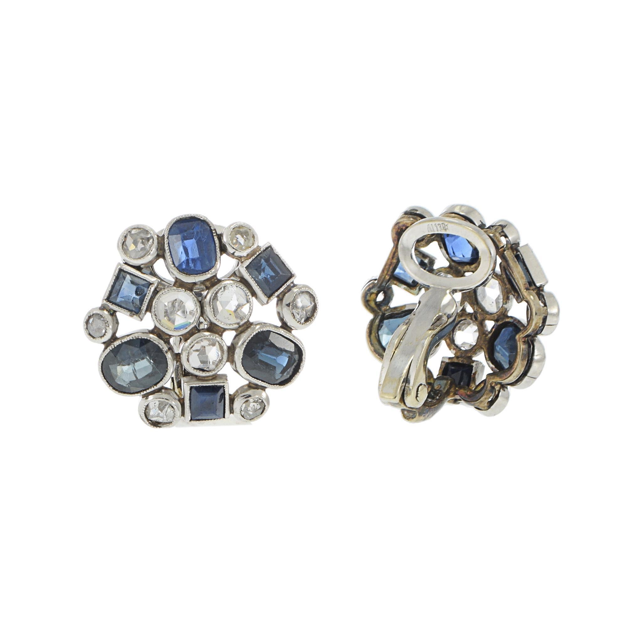 Taille ovale Boucles d'oreilles disques saphir et diamant en or blanc 14KT antique Art Deco en vente