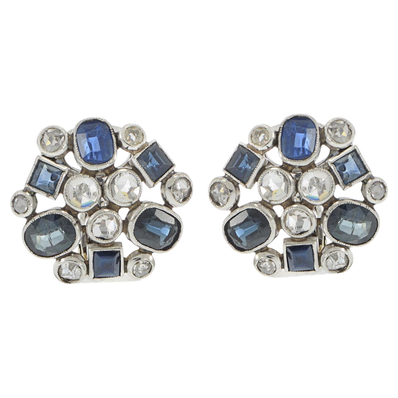 Boucles d'oreilles disques saphir et diamant en or blanc 14KT antique Art Deco