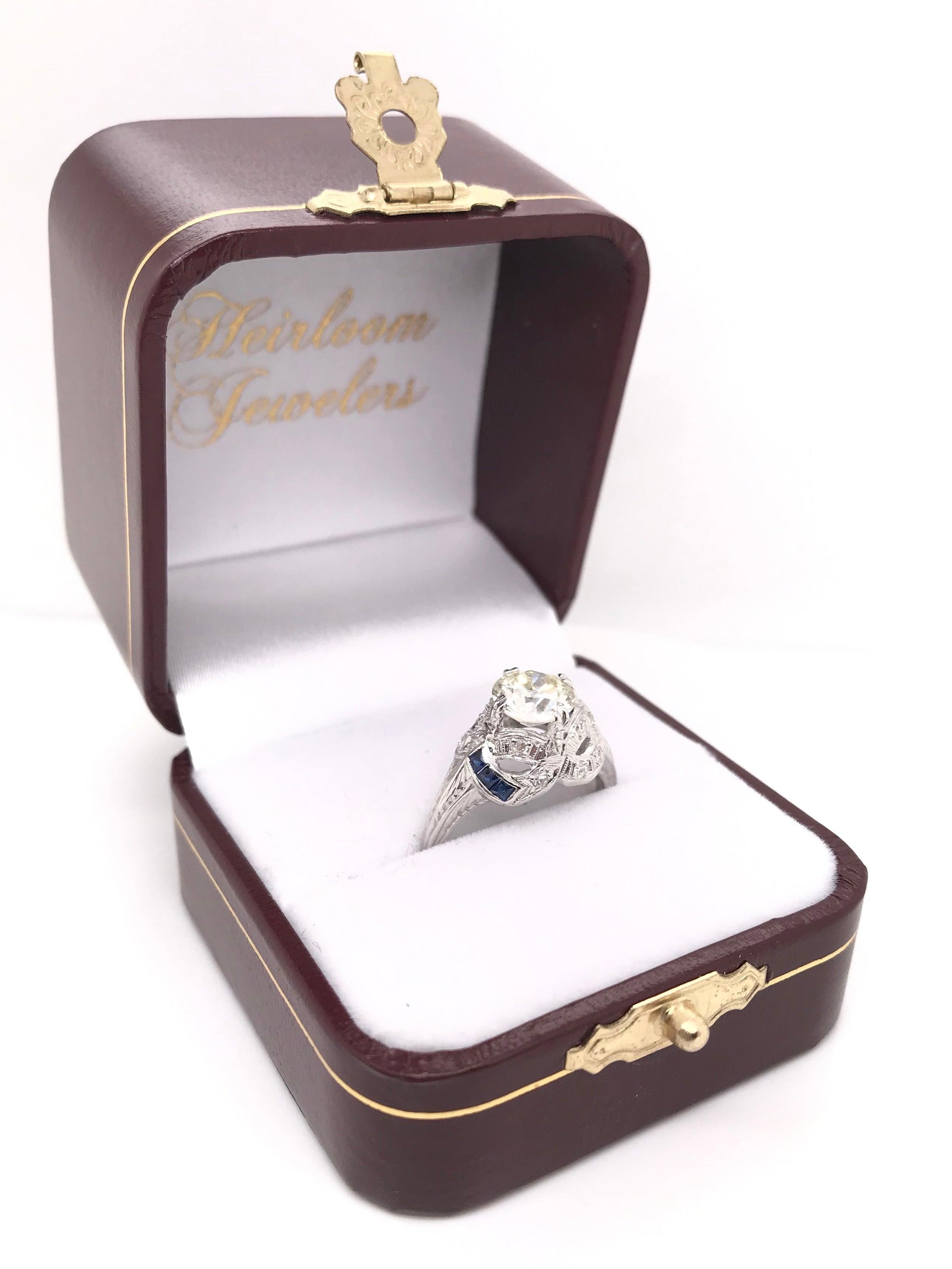 Antique Art Deco 1.50 Carat Diamond and Sapphire Platinum Filigree Ring For Sale 6