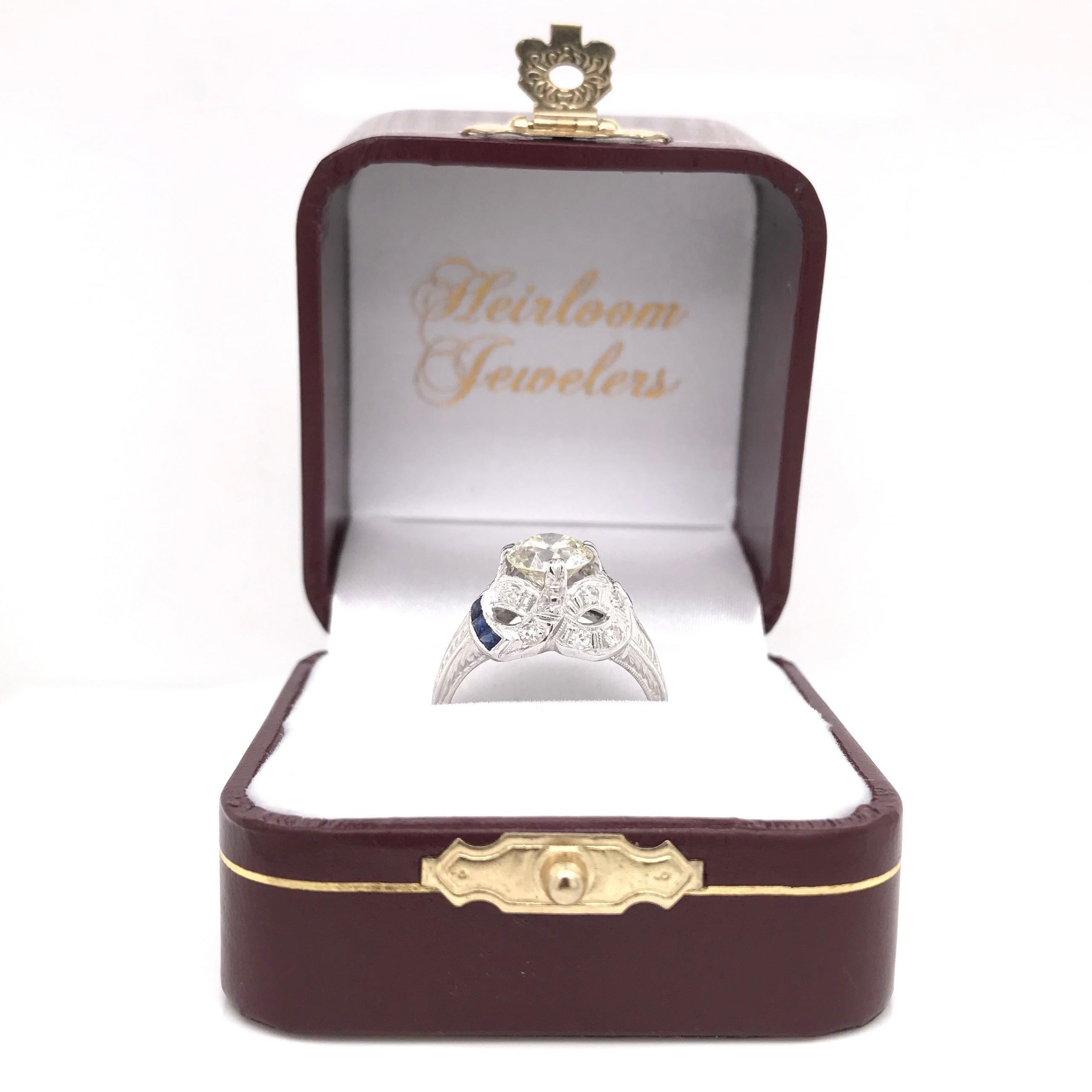 Antique Art Deco 1.50 Carat Diamond and Sapphire Platinum Filigree Ring For Sale 9