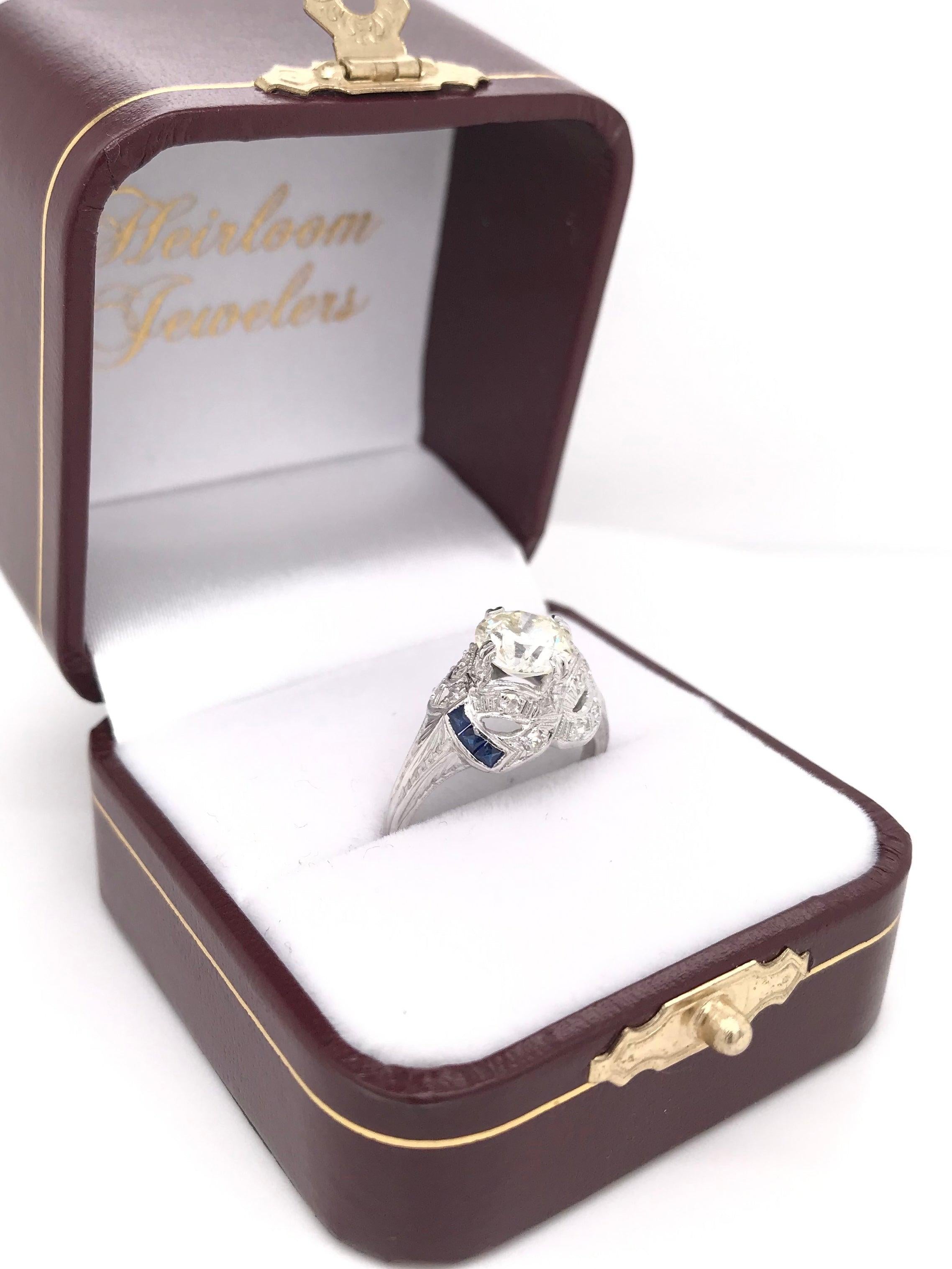 Antique Art Deco 1.50 Carat Diamond and Sapphire Platinum Filigree Ring For Sale 10