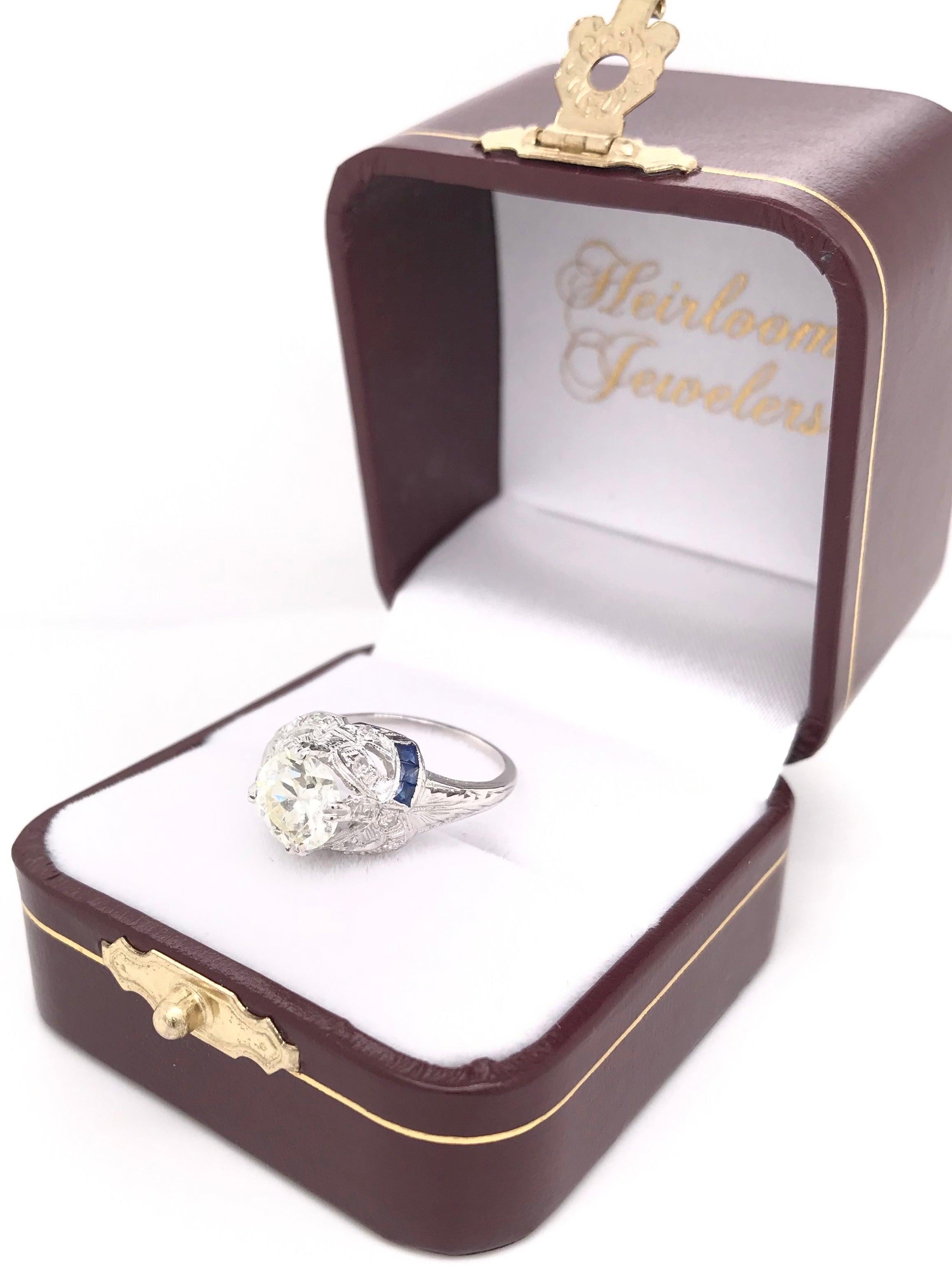 Antique Art Deco 1.50 Carat Diamond and Sapphire Platinum Filigree Ring For Sale 11