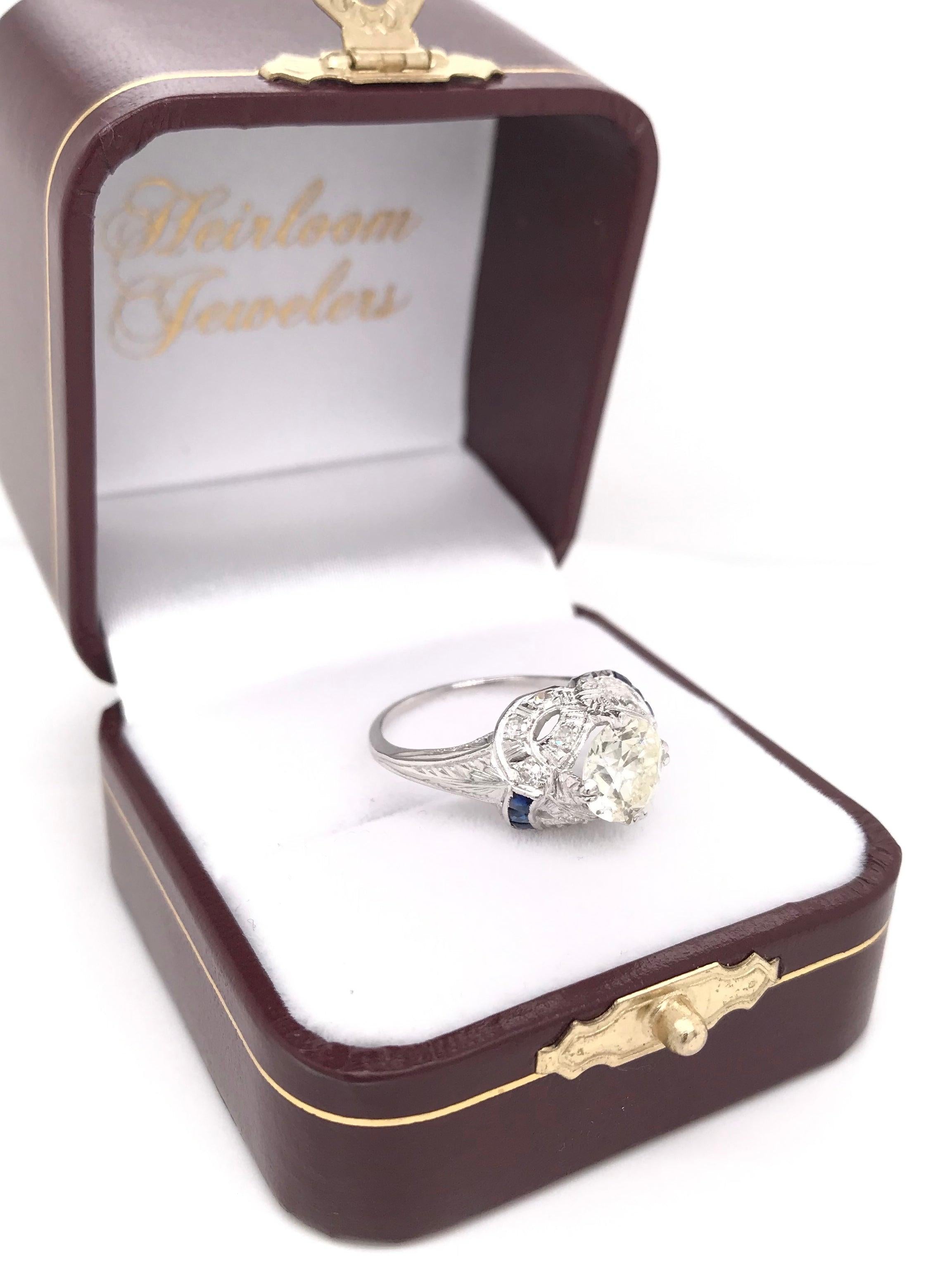 Antique Art Deco 1.50 Carat Diamond and Sapphire Platinum Filigree Ring For Sale 12