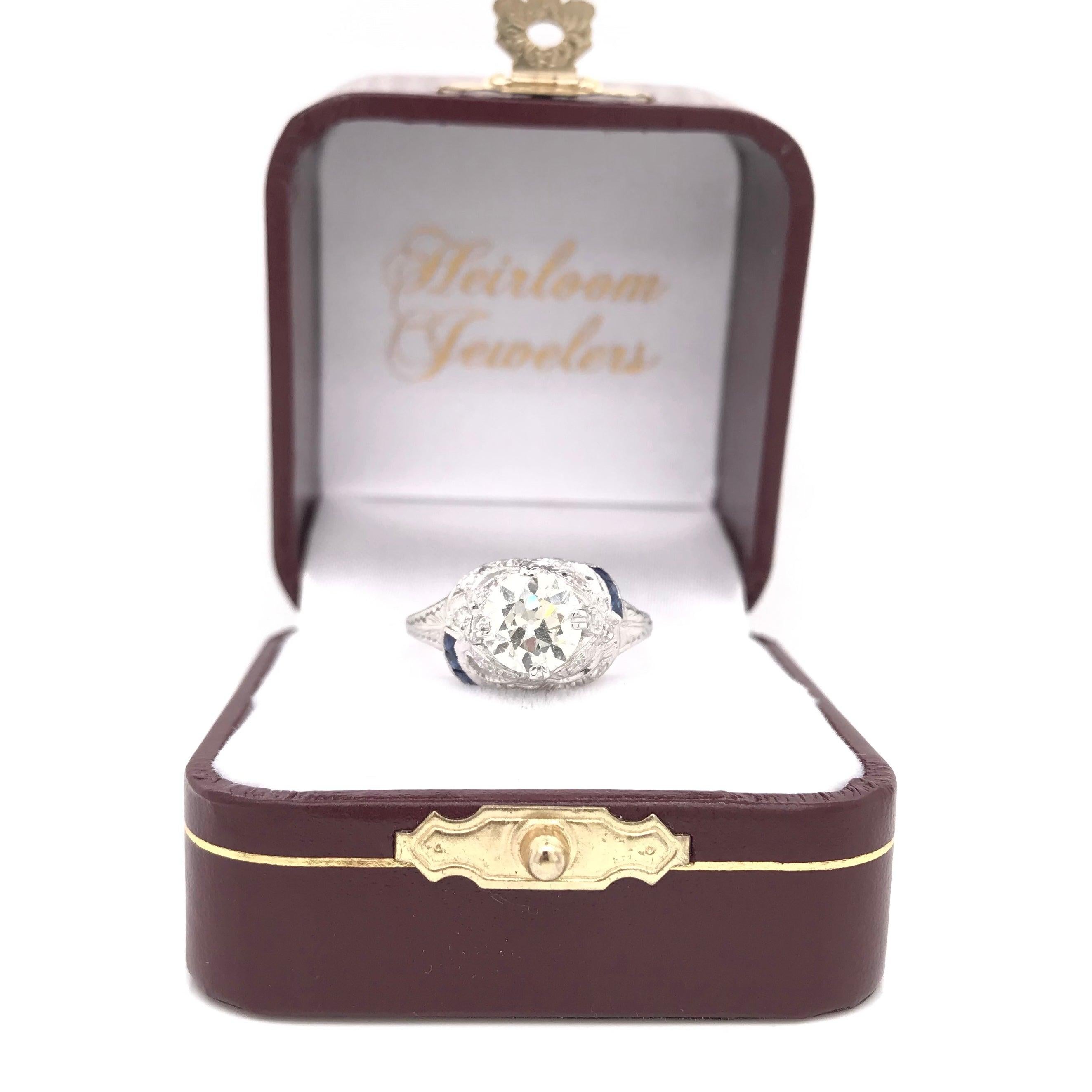 Antique Art Deco 1.50 Carat Diamond and Sapphire Platinum Filigree Ring For Sale 13