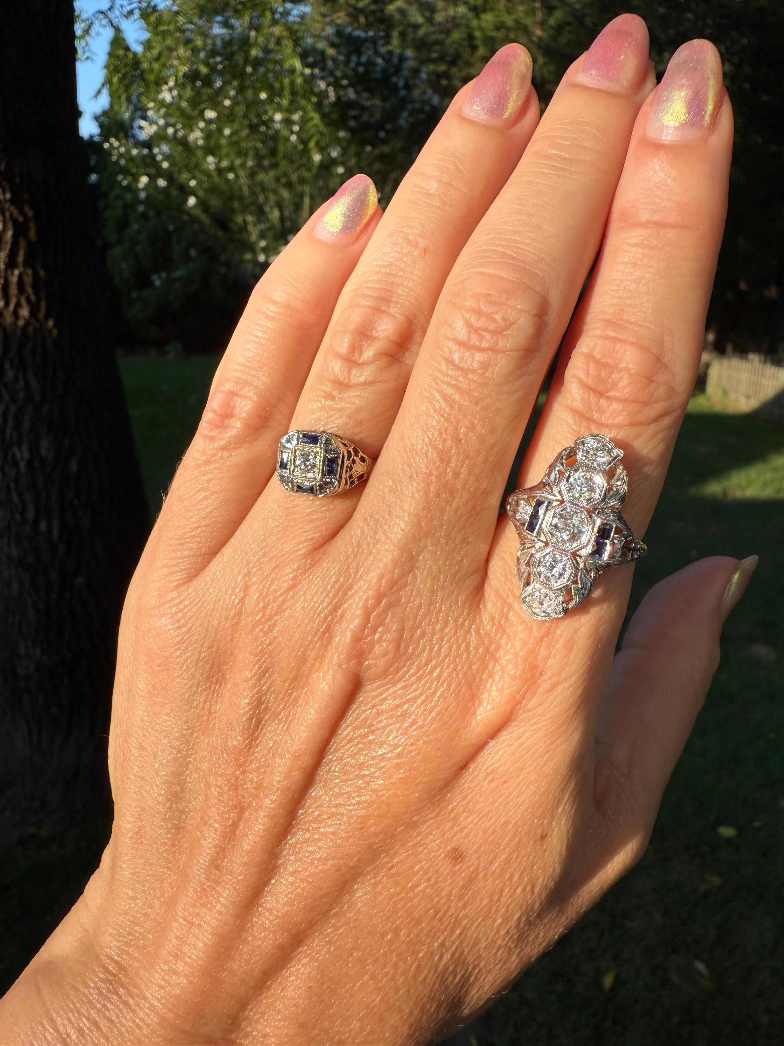 Bague cocktail Art déco ancienne en or 18 carats avec saphirs et diamants de 1,5 carat poids total, années 1920 en vente 5
