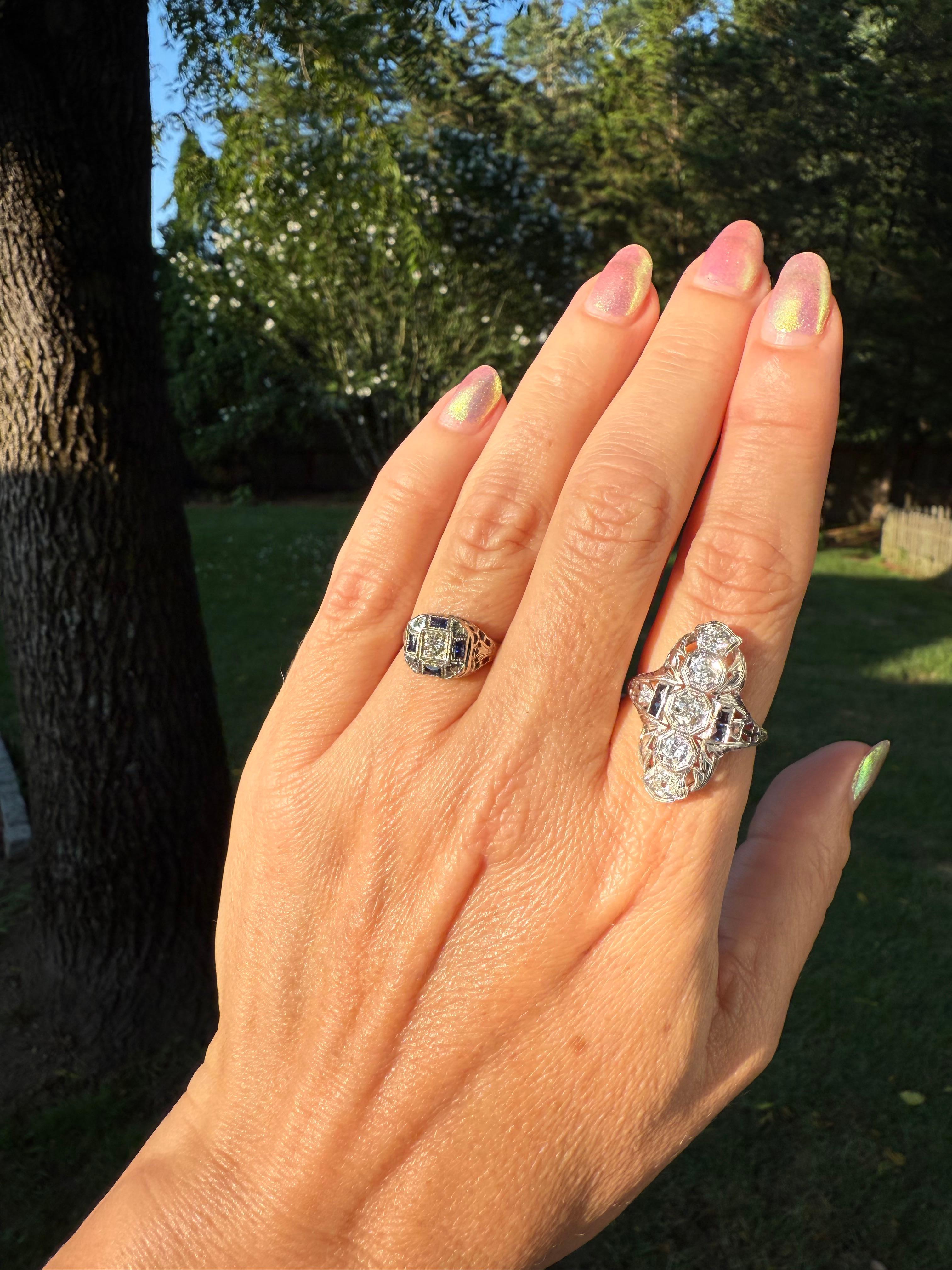 Bague cocktail Art déco ancienne en or 18 carats avec saphirs et diamants de 1,5 carat poids total, années 1920 en vente 6