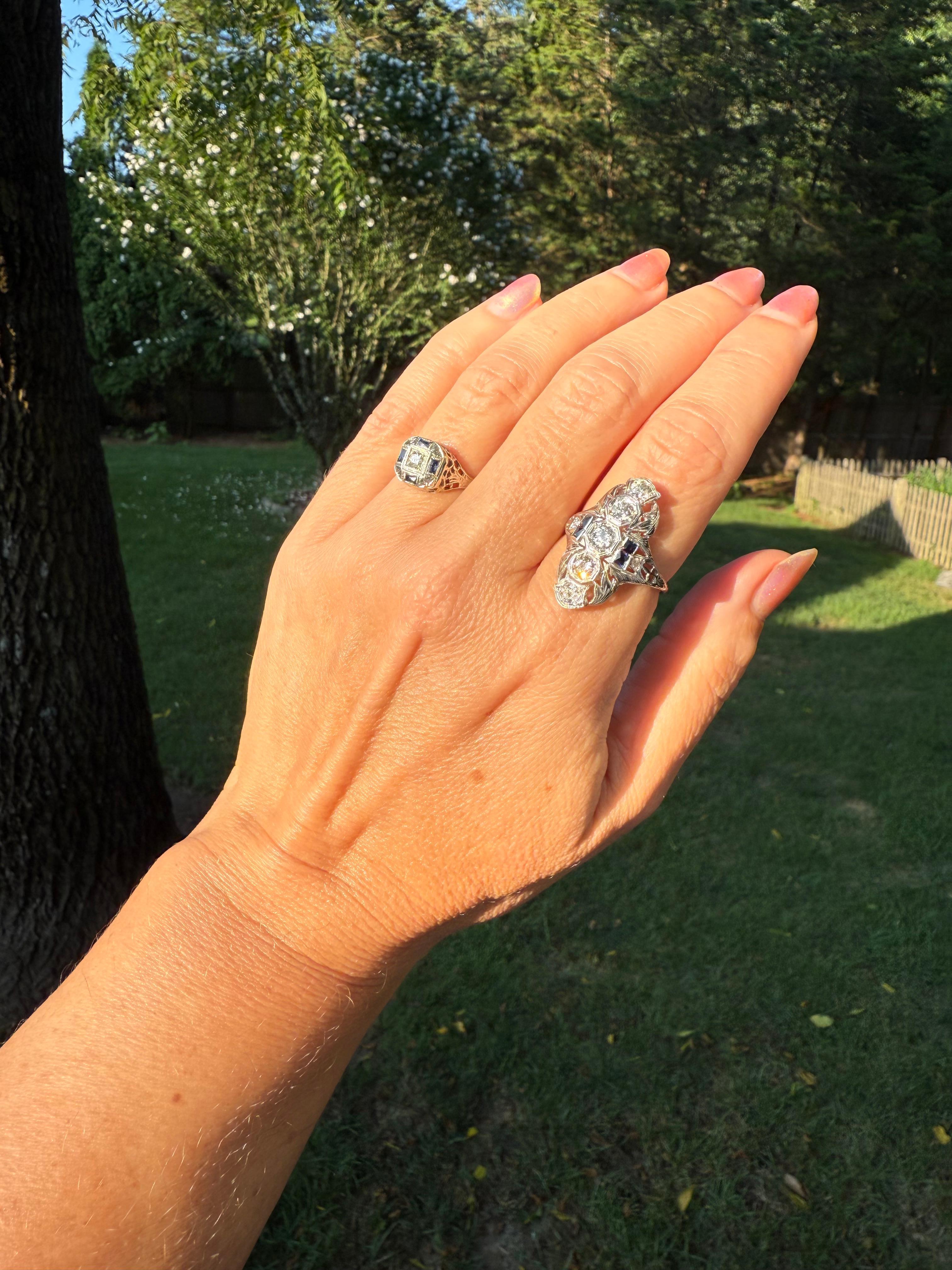 Bague cocktail Art déco ancienne en or 18 carats avec saphirs et diamants de 1,5 carat poids total, années 1920 en vente 7
