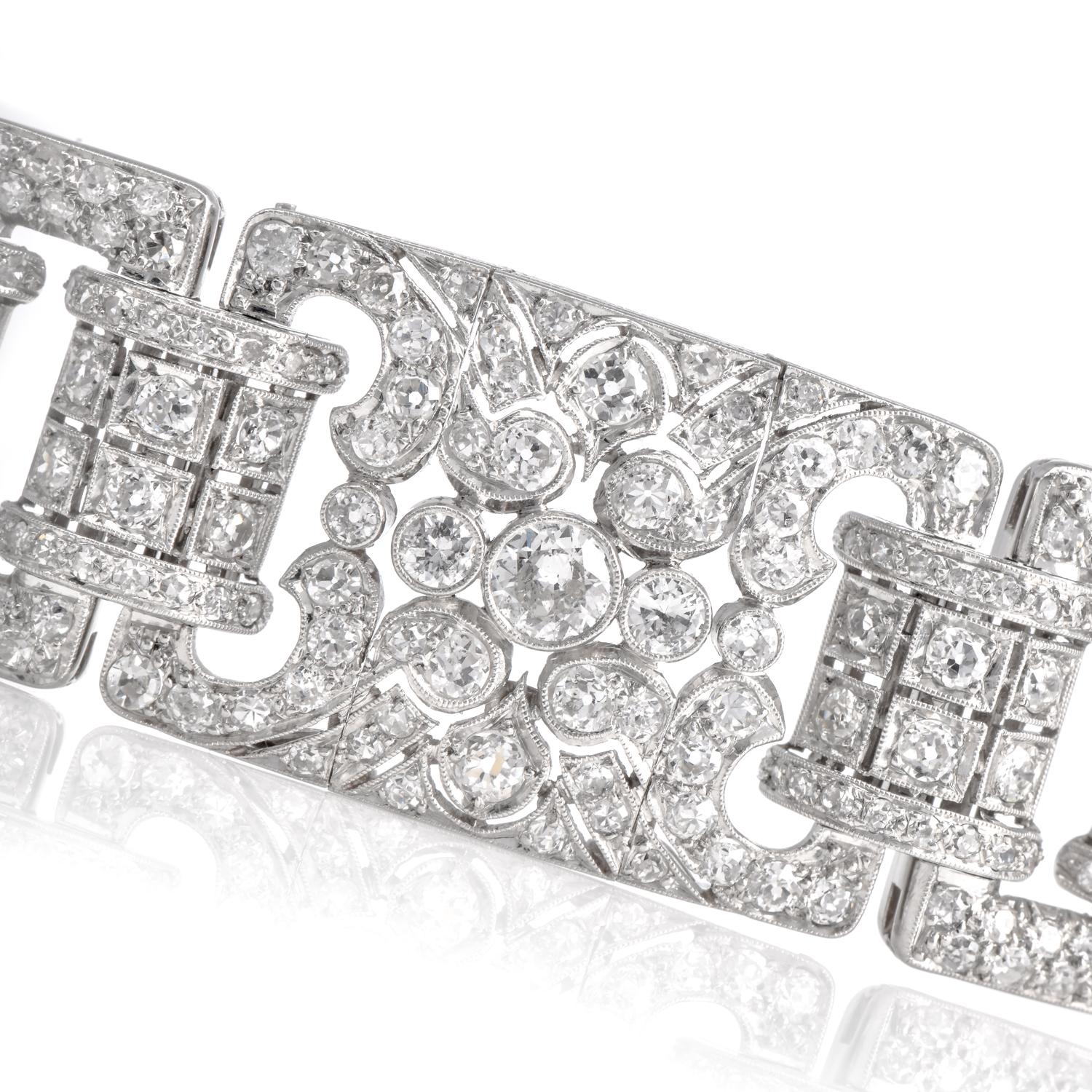 Round Cut Antique Art Deco 16.30 cts Diamond Platinum Wide Milgrain Bracelet For Sale