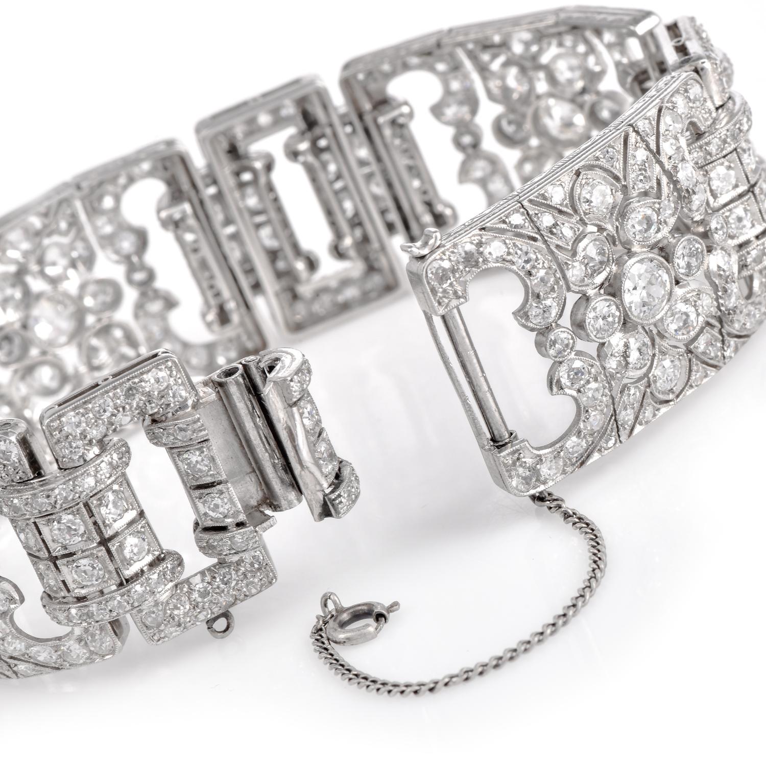Antique Art Deco 16.30 cts Diamond Platinum Wide Milgrain Bracelet In Excellent Condition For Sale In Miami, FL