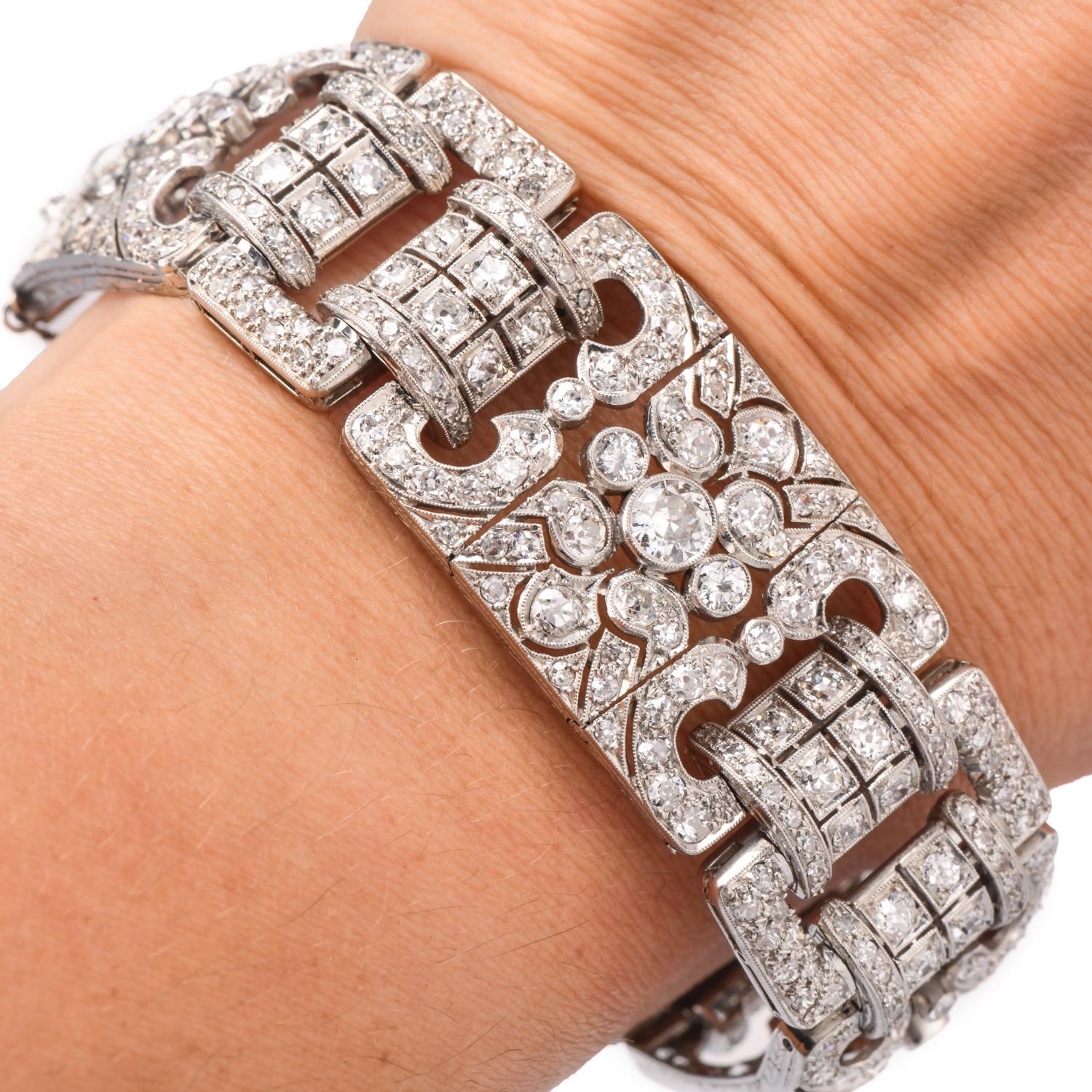 Women's or Men's Antique Art Deco 16.30 cts Diamond Platinum Wide Milgrain Bracelet For Sale