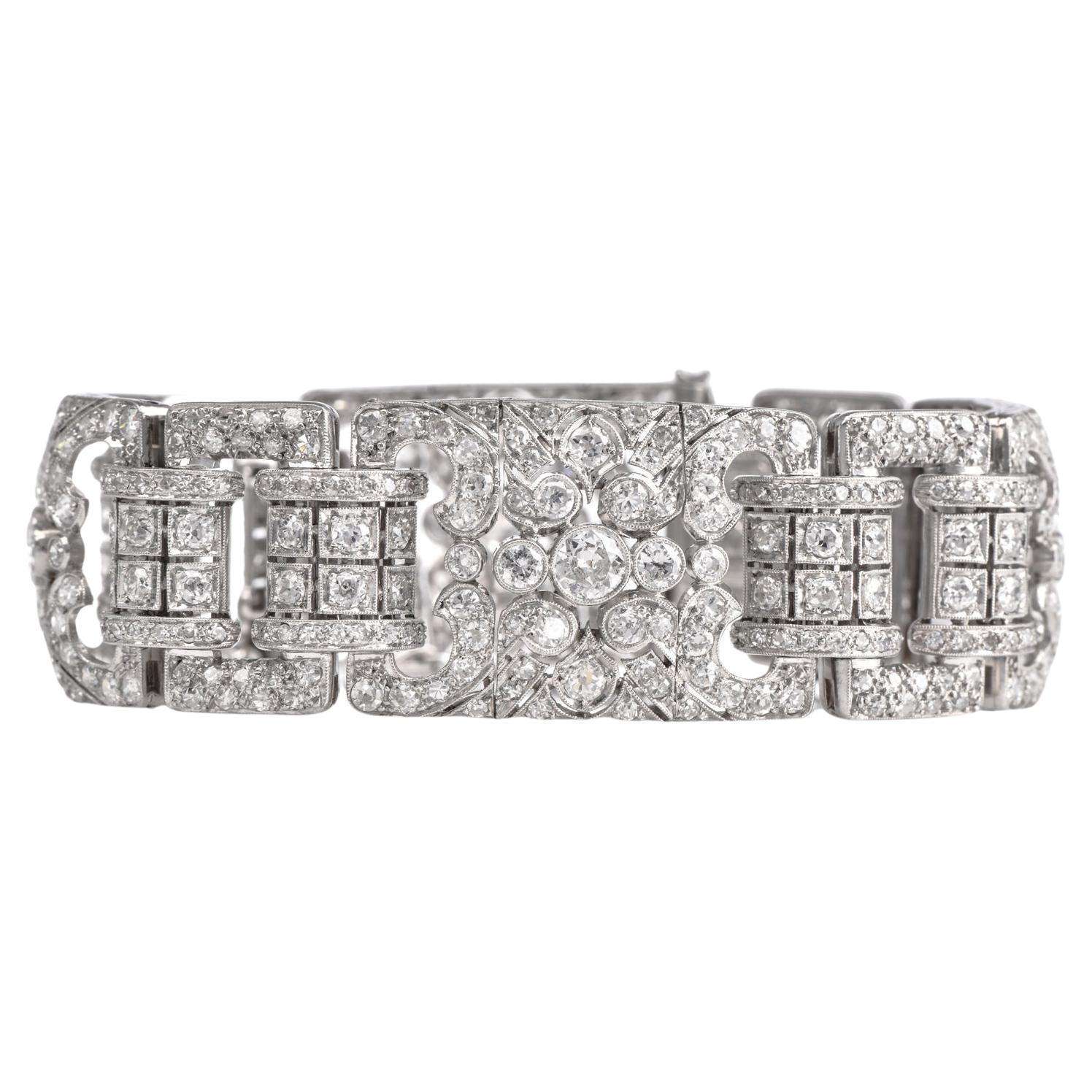 Antique Art Deco 16.30 cts Diamond Platinum Wide Milgrain Bracelet For Sale