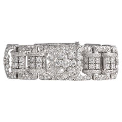 Bracelet art déco ancien large et milgrain en platine avec diamants 16,30 carats