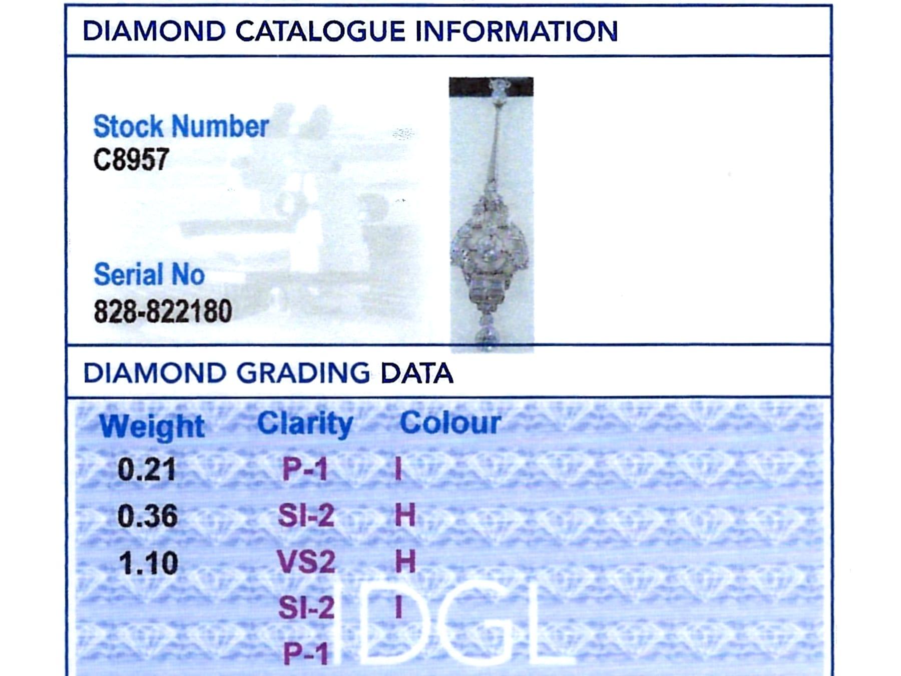 Antique Art Deco 1.67 Carat Diamond and 18k White Gold Pendant Circa 1935 For Sale 5