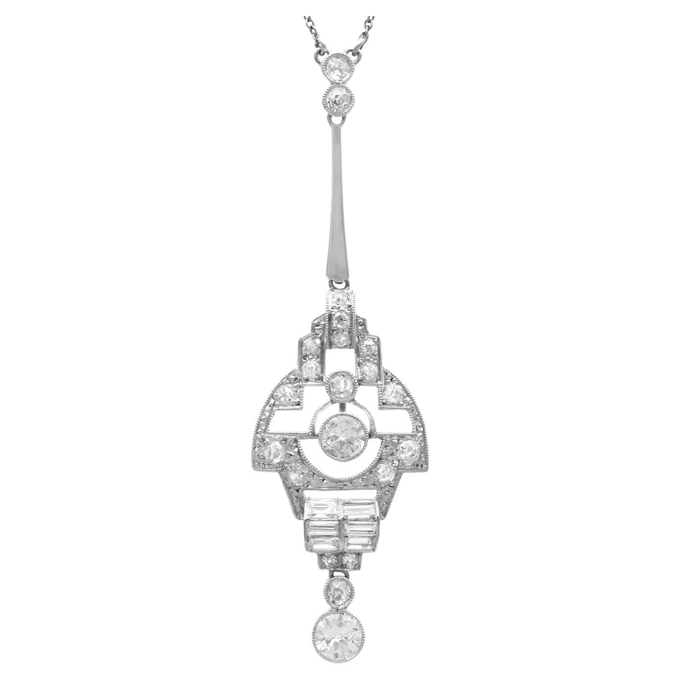 Antique Art Deco 1.67 Carat Diamond and 18k White Gold Pendant Circa 1935 For Sale