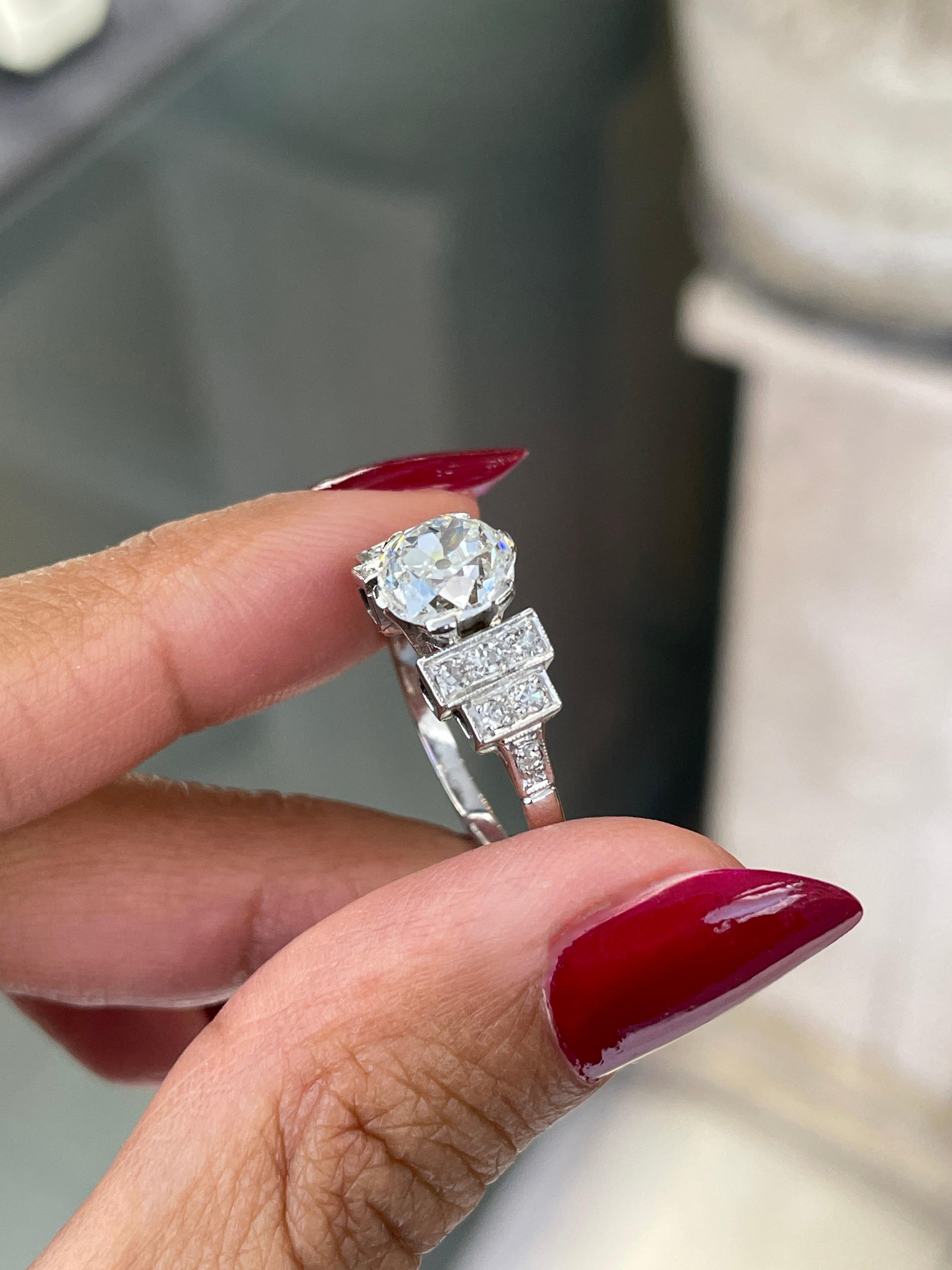 Old Mine Cut Antique Art Deco 1.75ct Old Cut Diamond Platinum Engagement Ring, Circa 1920's  For Sale
