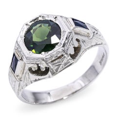 Antique Art Deco 17k White Gold Green 1.26tcw Sapphire Engraved Ring