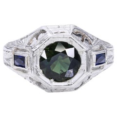 Antique Art Deco 17k White Gold Green 1.26tcw Sapphire Engraved Ring