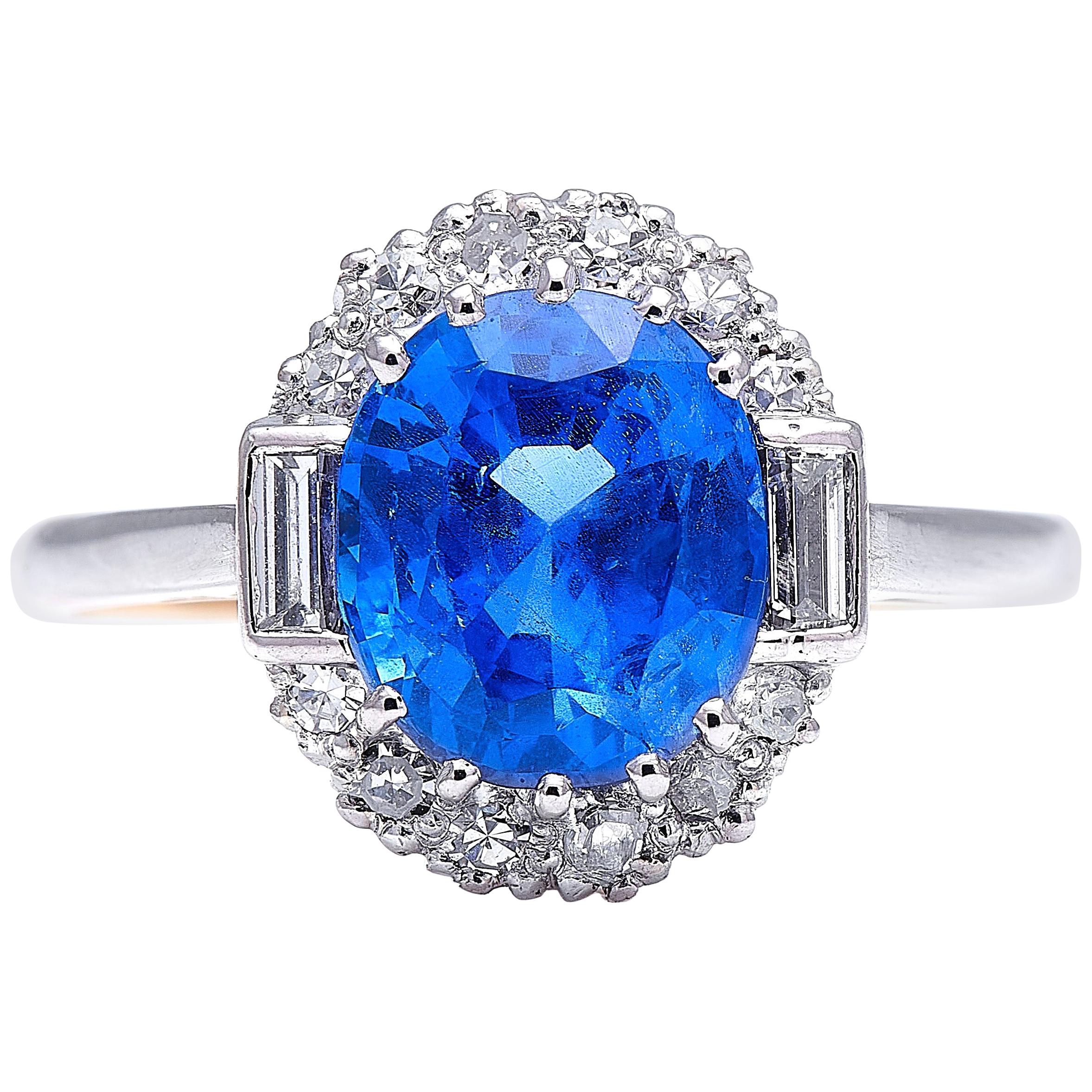 Antique, Art Deco, 18 Carat Gold, Burmese Sapphire and Diamond Cluster Ring For Sale