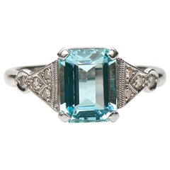 Antique, Art Deco, 18 Carat Gold, Platinum, Aquamarine and Diamond Engagement