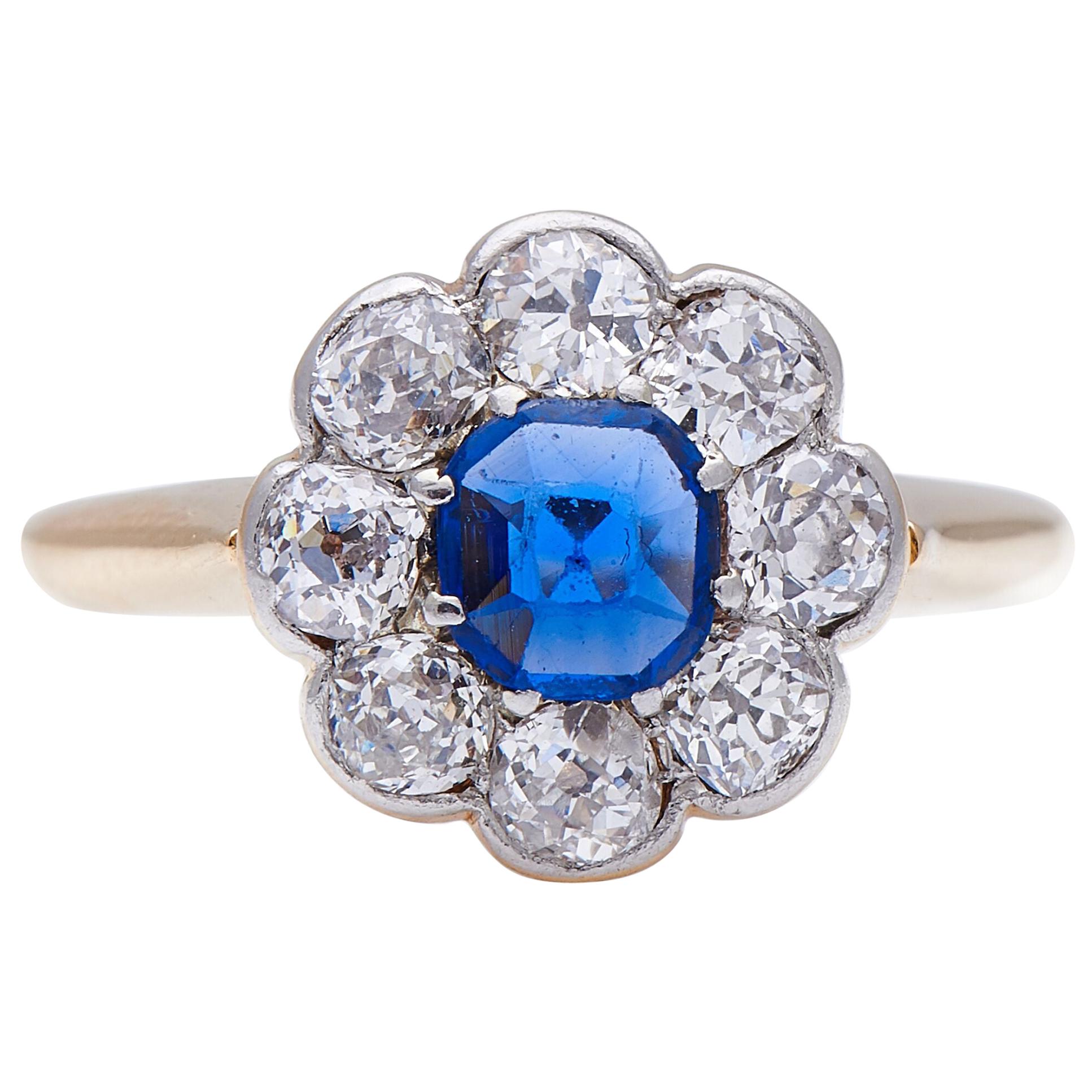 Antique Art Deco, 18 Carat Gold, Royal Blue Sapphire and Diamond Engagement Ring