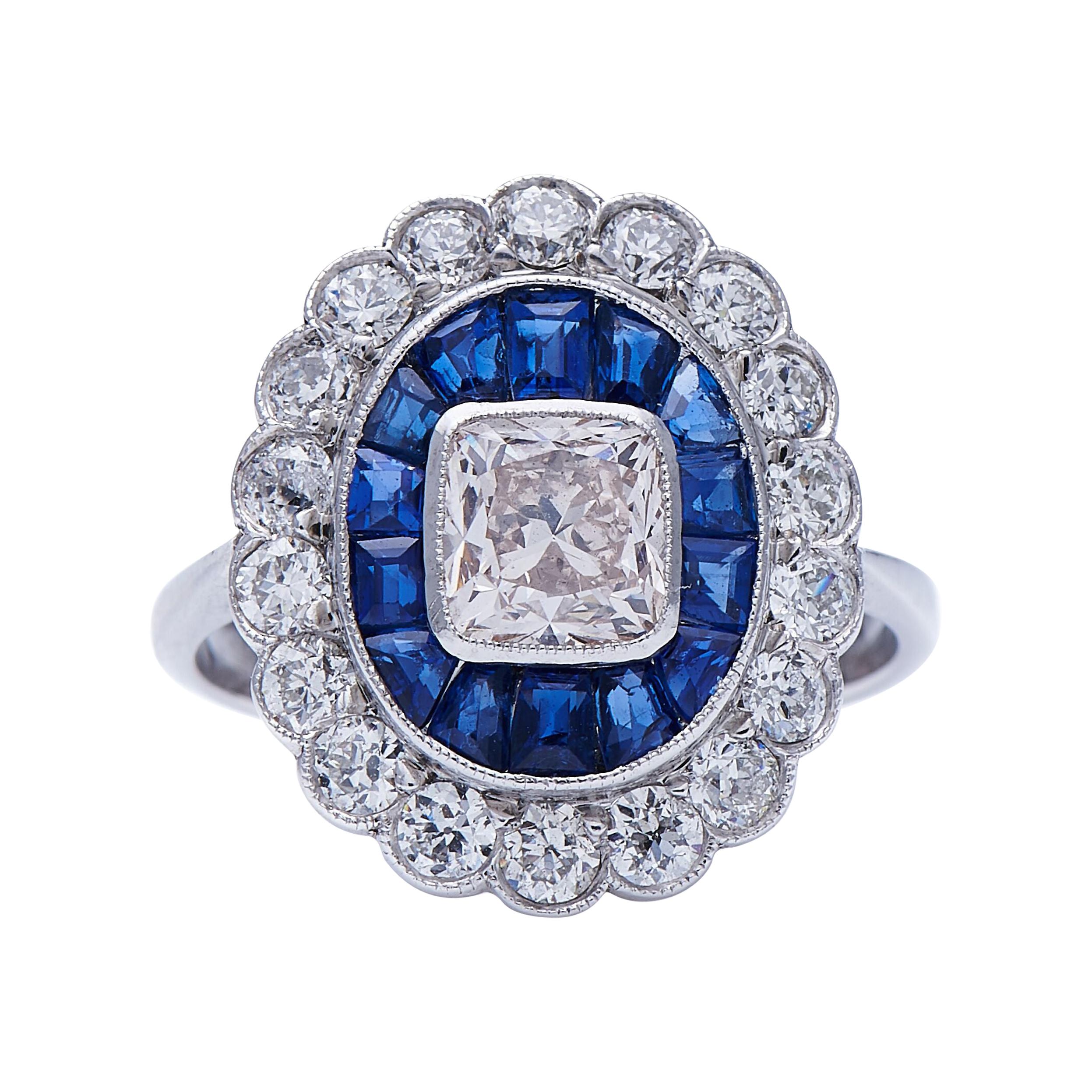 Art Deco, 18 Carat White Gold, Diamond and Sapphire Cluster Ring