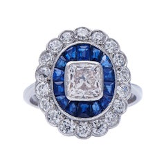 Retro Art Deco, 18 Carat White Gold, Diamond and Sapphire Cluster Ring